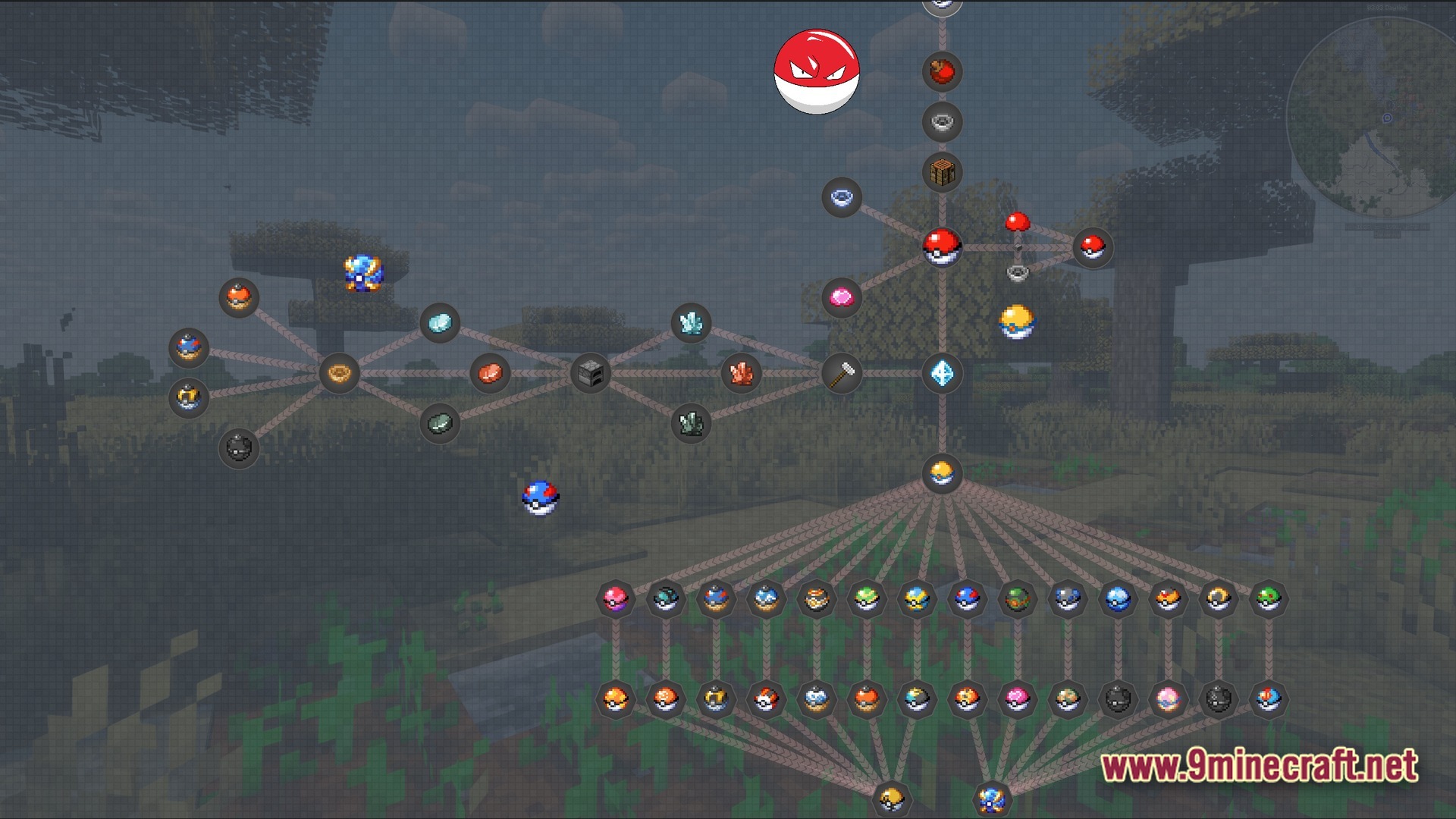 Horizon Bound Odyssey Modpack Screenshot 4 A quest tree interface displaying various Poké Balls and crafting materials over a savanna biome