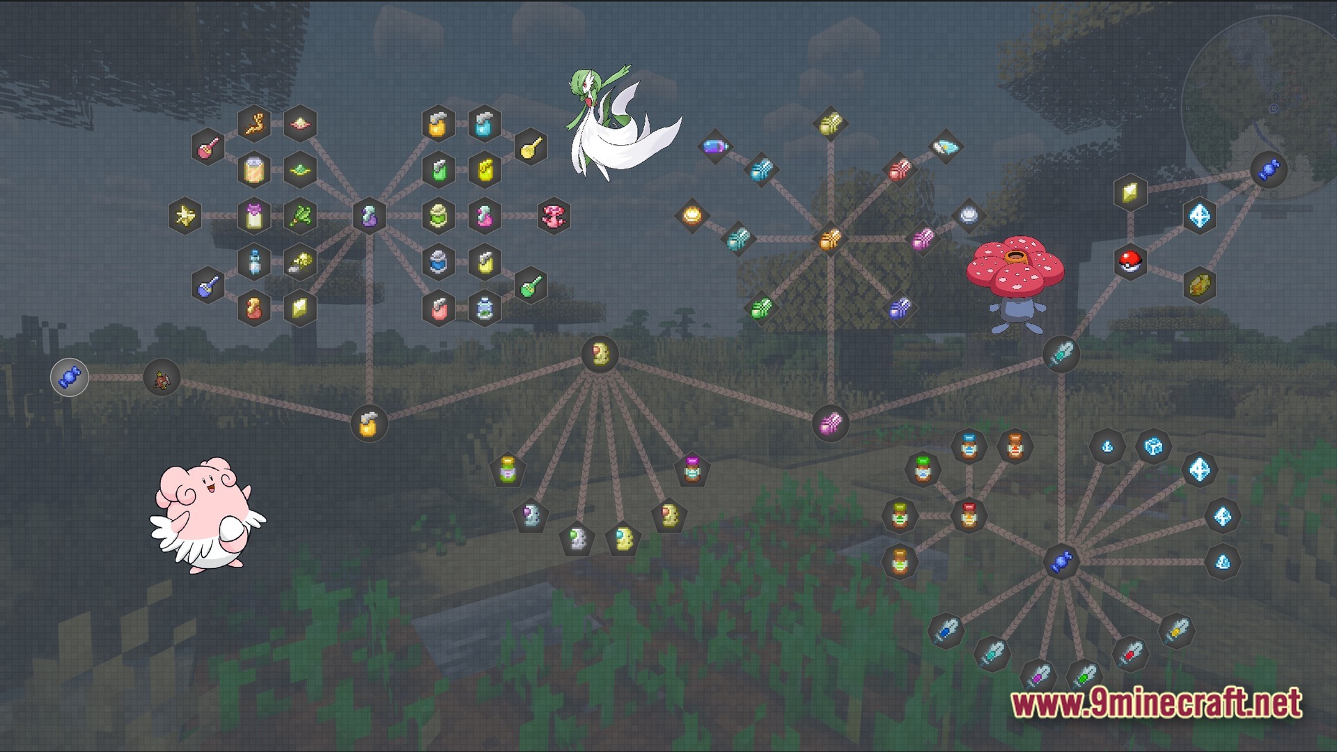 Horizon Bound Odyssey Modpack Screenshot 5 A quest book interface displaying various Pokémon-related items and consumables over a grassy Minecraft biome