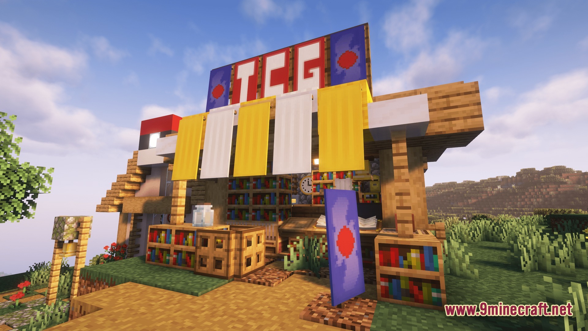Horizon Bound Odyssey Modpack Screenshot 6 A wooden trading card game shop featuring banners, bookshelves, and a Poké Ball themed exterior design