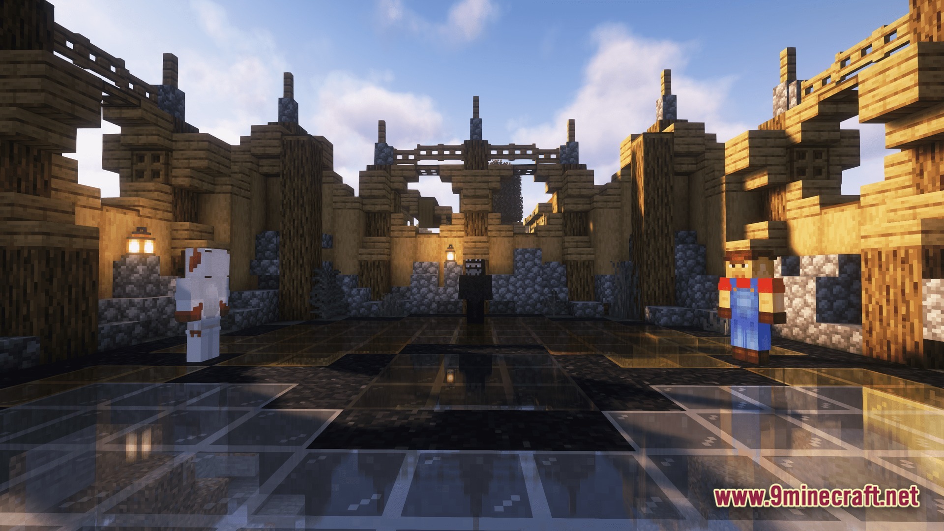 Horizon Bound Odyssey Modpack Screenshot 7 Three players stand on a reflective glass floor inside a large wooden and stone structure