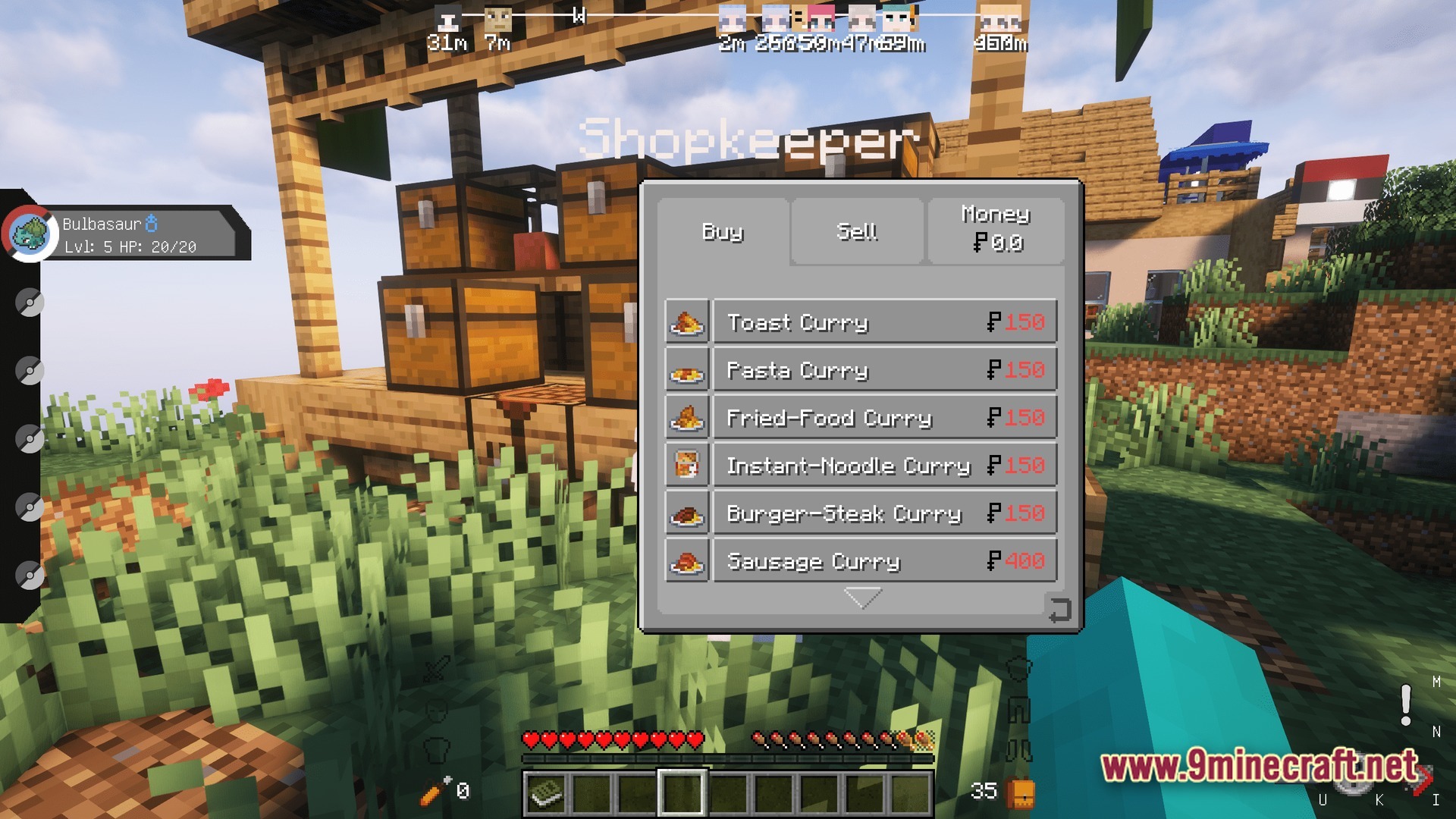 Horizon Bound Odyssey Modpack Screenshot 8 A player interacts with a shopkeeper interface to buy various curry dishes in a Cobblemon environment