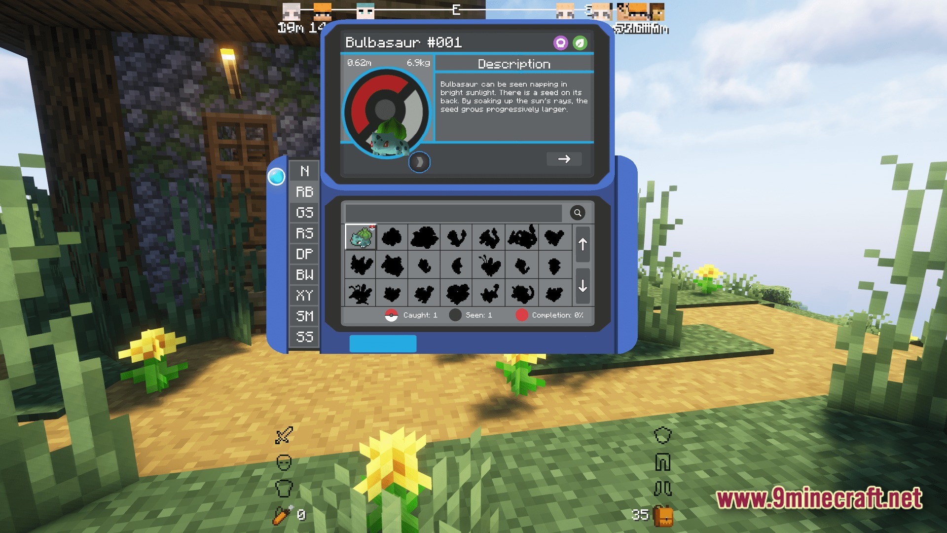 Horizon Bound Odyssey Modpack Screenshot 9 A player views the Pokédex entry for Bulbasaur while standing on a grassy path outdoors