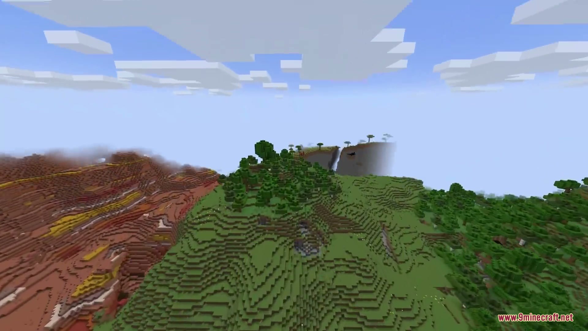Horizon Braid Mod Screenshot 3 A wide Minecraft landscape with a sharp vertical seam at the world boundary