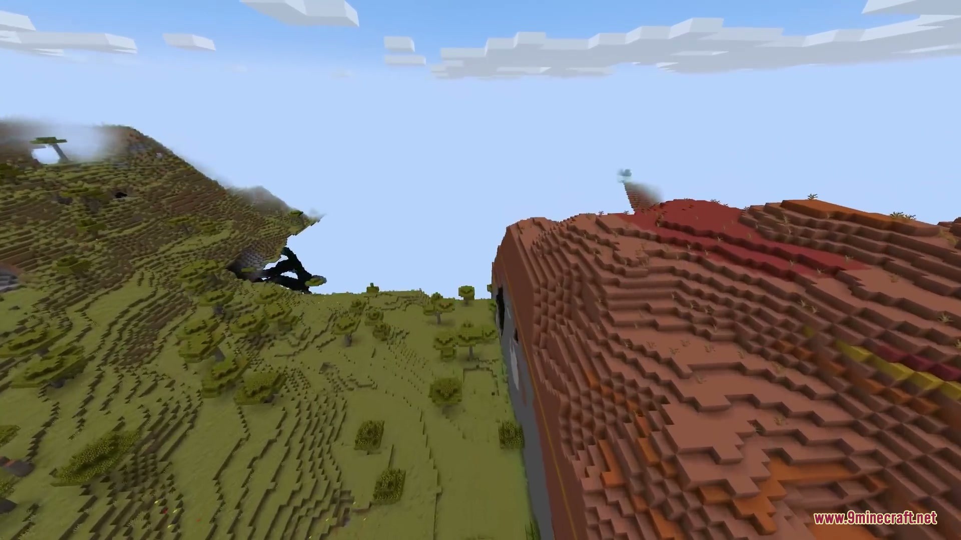 Horizon Braid Mod Screenshot 6 A sharp terrain seam connects a savanna biome to a badlands biome