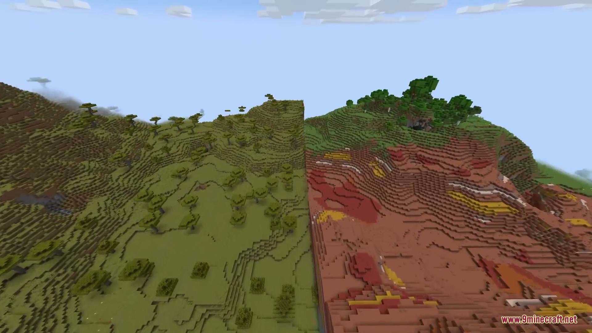 Horizon Braid Mod Screenshot 7 A sharp vertical seam divides a savanna biome from a colorful badlands biome