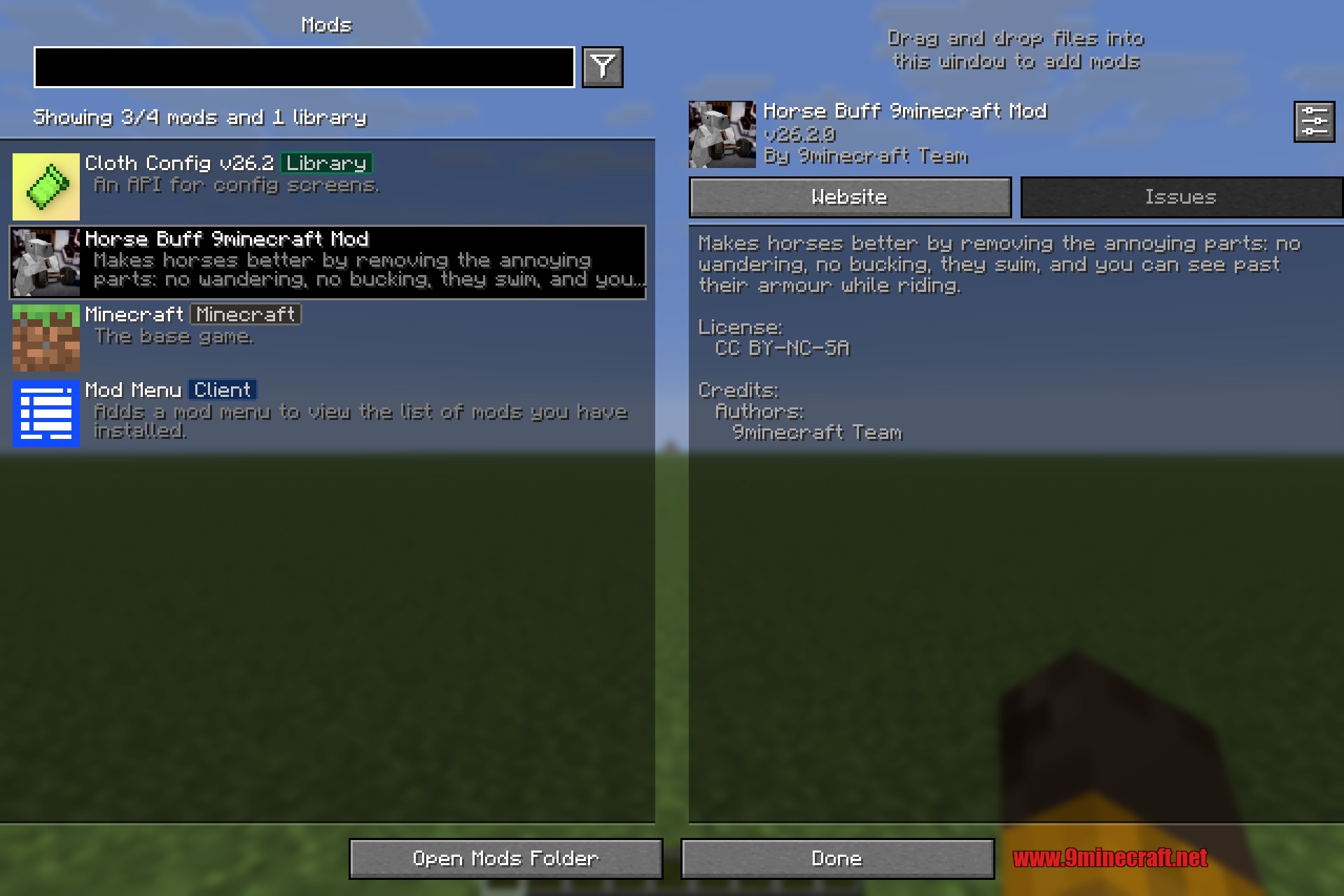 The Horse Buff entry in the Minecraft mods list