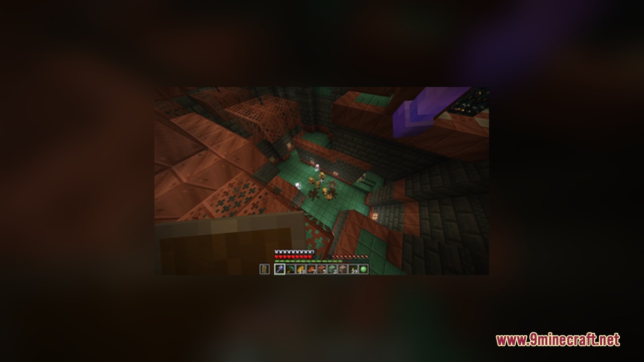 A player looks down at zombies gathered in a copper trial chamber