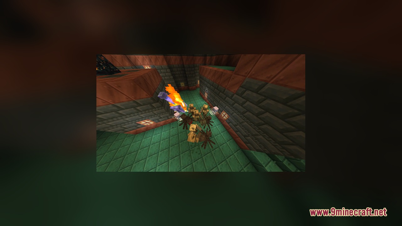A flaming mace is thrown at a group of husks in a dungeon
