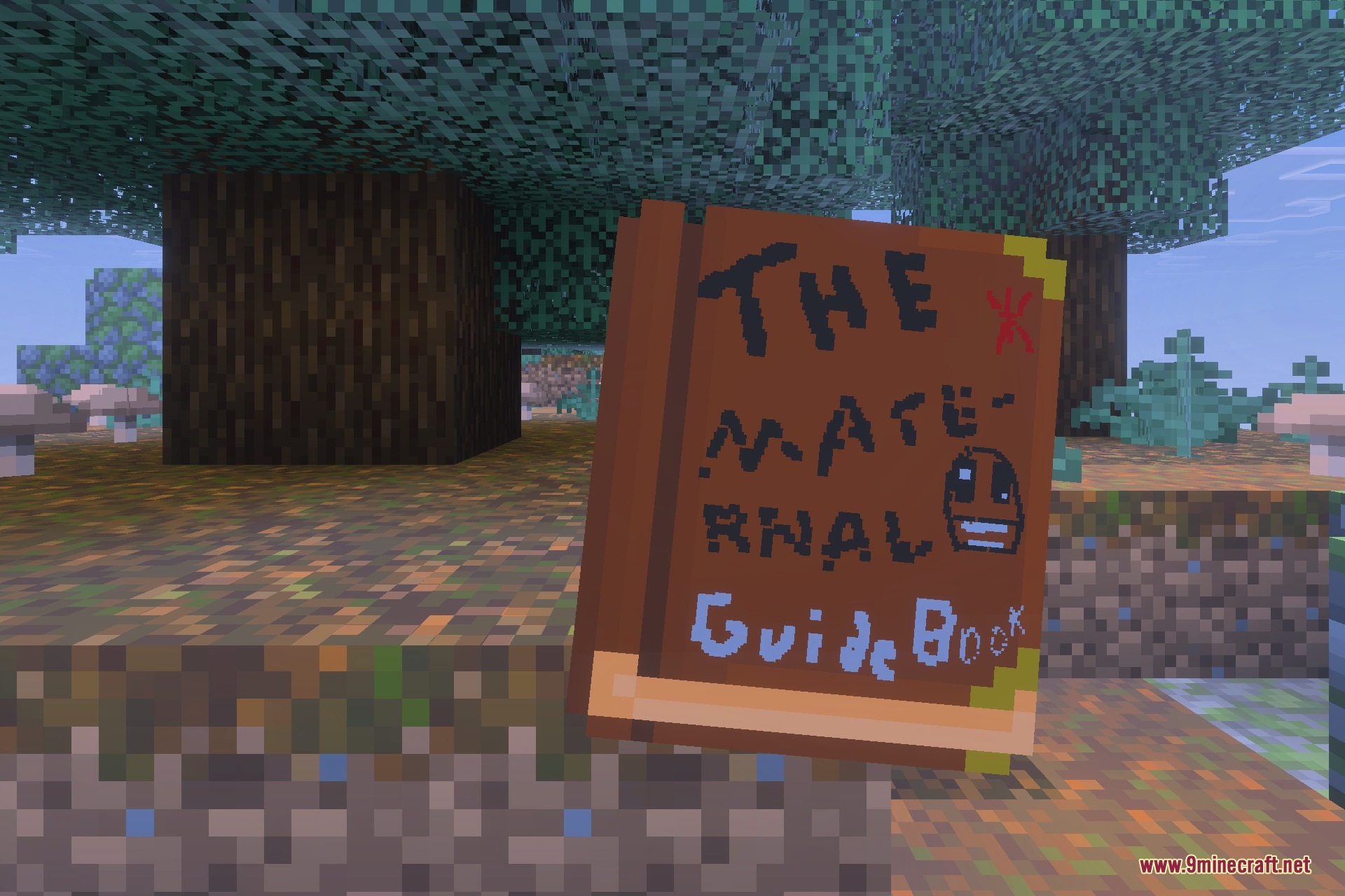 A player holds a guide book titled The Maternal Guide Book in Minecraft