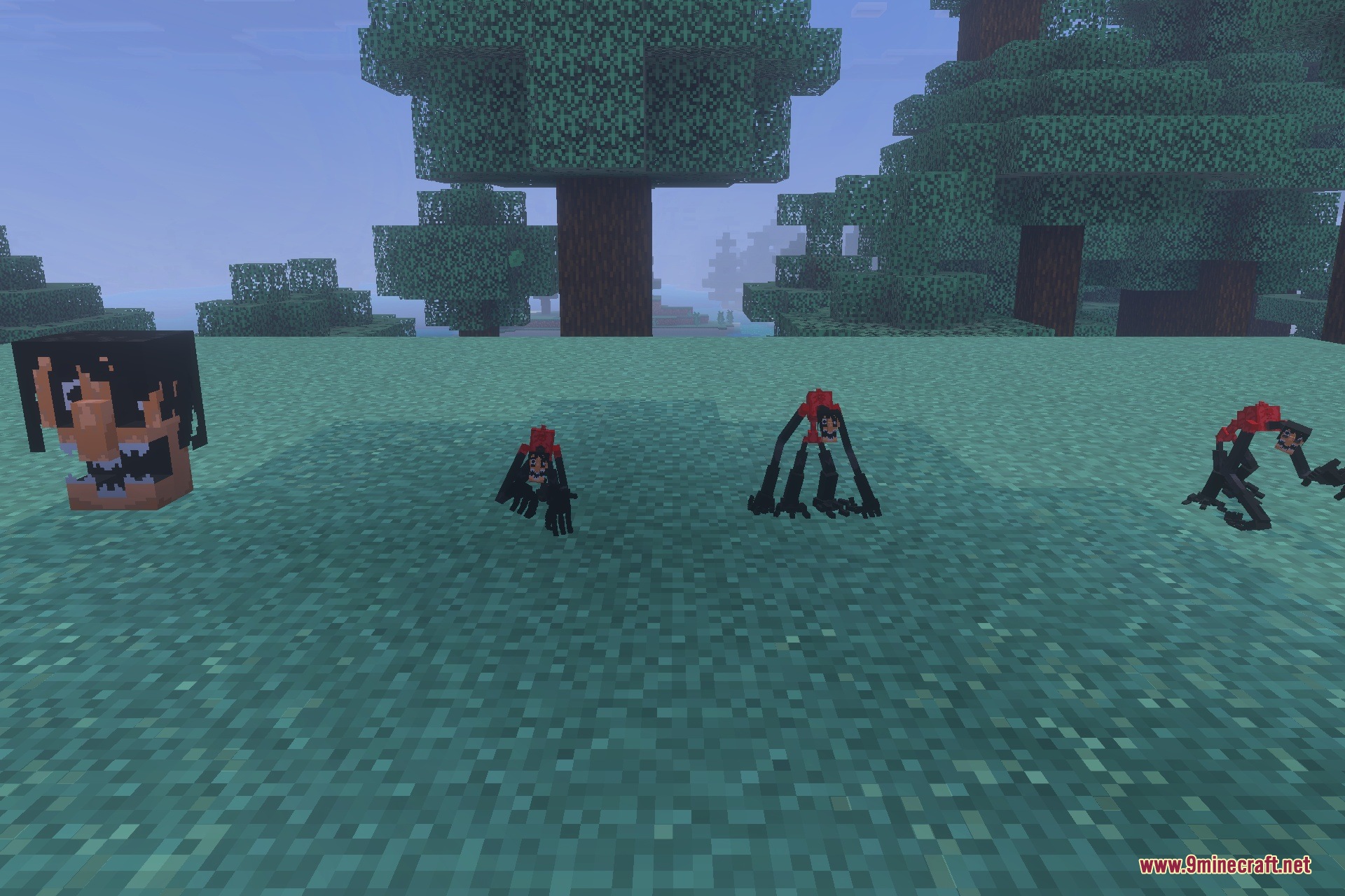 Several terrifying Maternal Wraith creatures stand on a grassy field in Minecraft