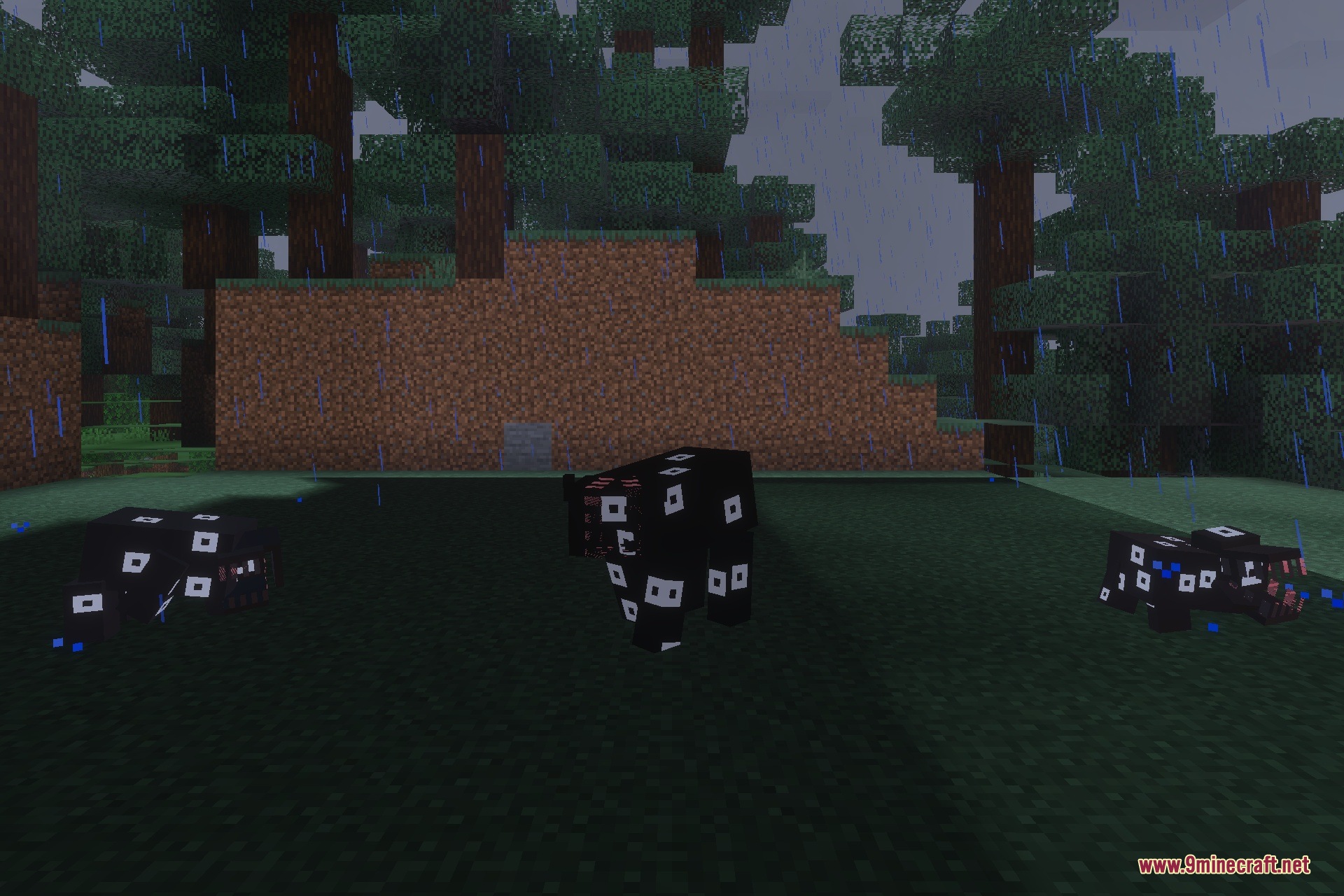 Three Maternal Wraith creatures with white eyes standing in the rain