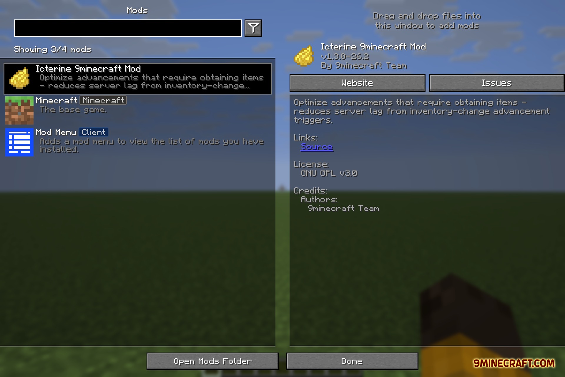 Icterine 9minecraft Mod Screenshot 1 The mod menu interface displays information about the Icterine server optimization mod
