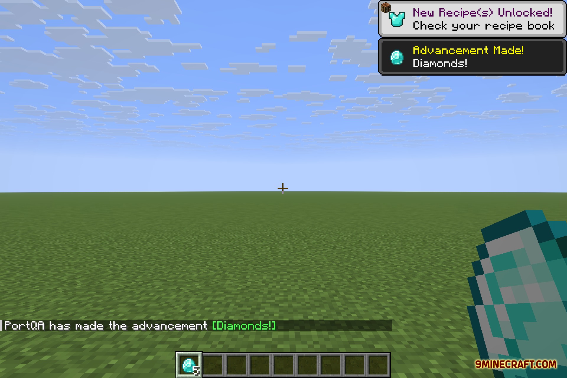 Icterine 9minecraft Mod Screenshot 2 A player earns the diamonds advancement while holding a diamond in a flat world