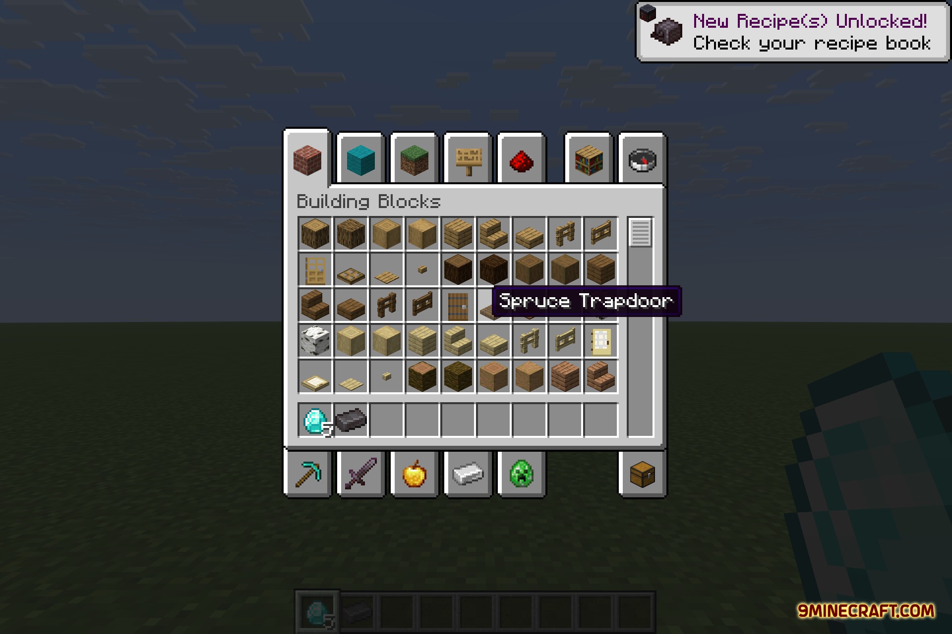 Icterine 9minecraft Mod Screenshot 4 Creative mode inventory screen displaying building blocks and a tooltip for spruce trapdoor