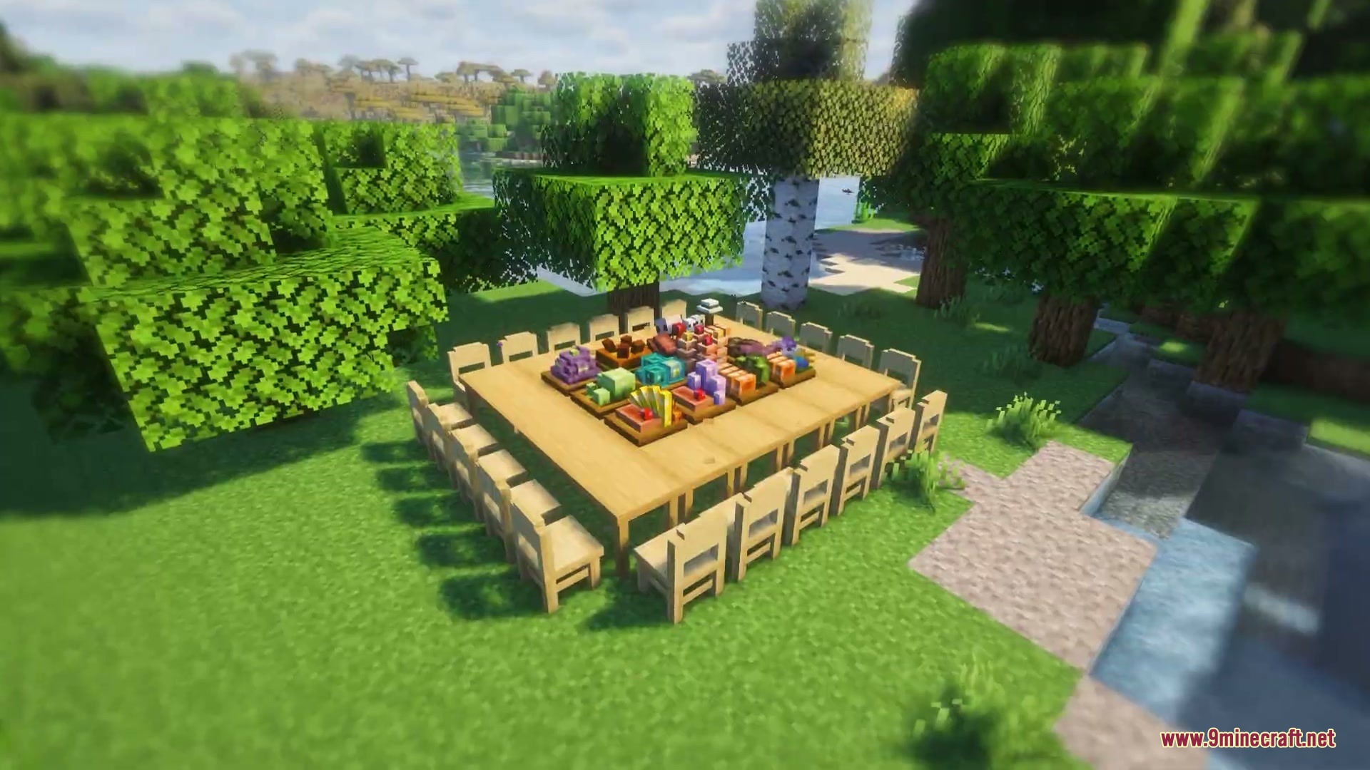Identity Spectrum Choice Mod Screenshot 1 Large wooden table with chairs in a forest displaying colorful gender icons