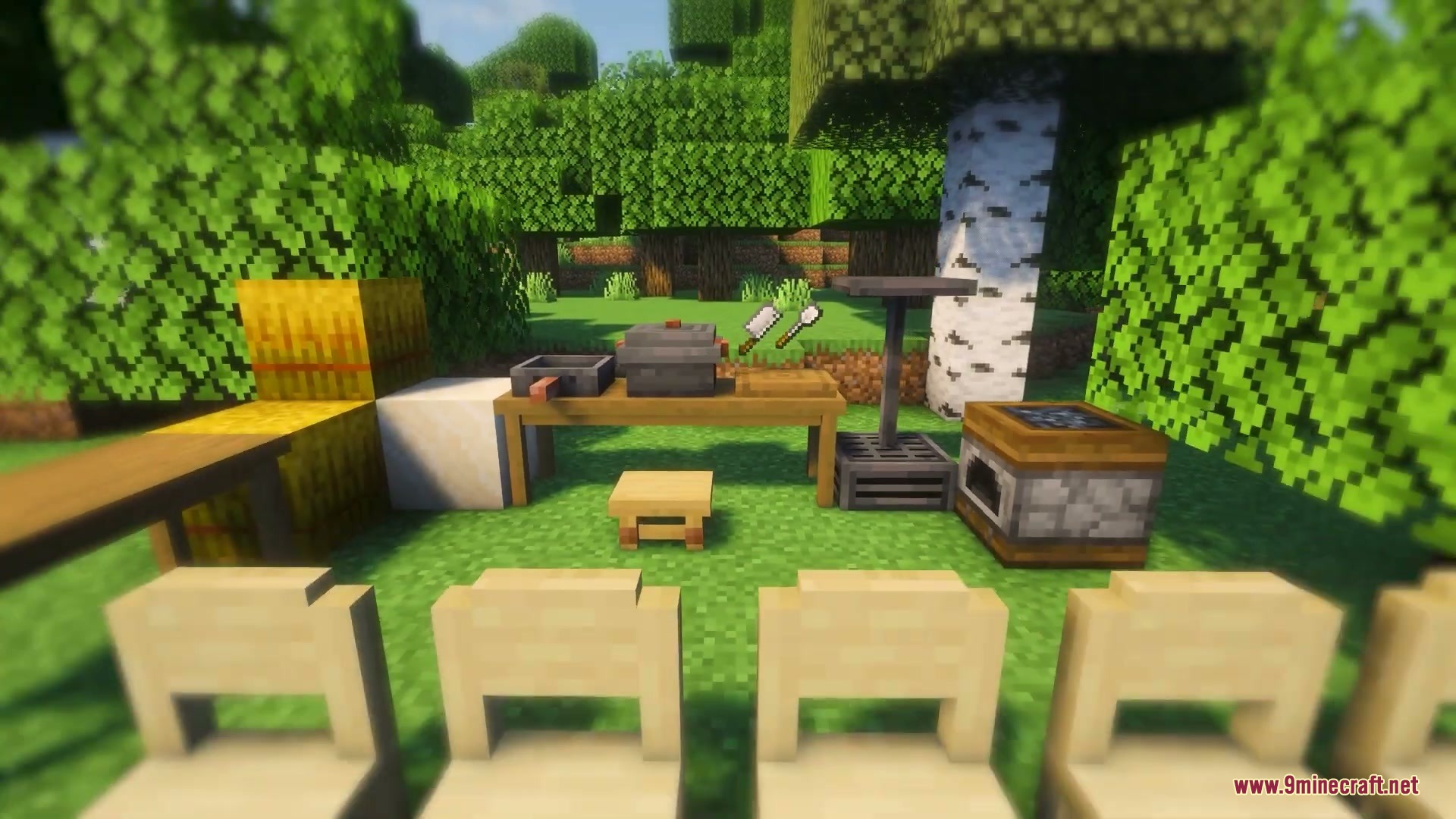 Identity Spectrum Choice Mod Screenshot 5 Minecraft outdoor kitchen area with a cooking pot and wooden chairs