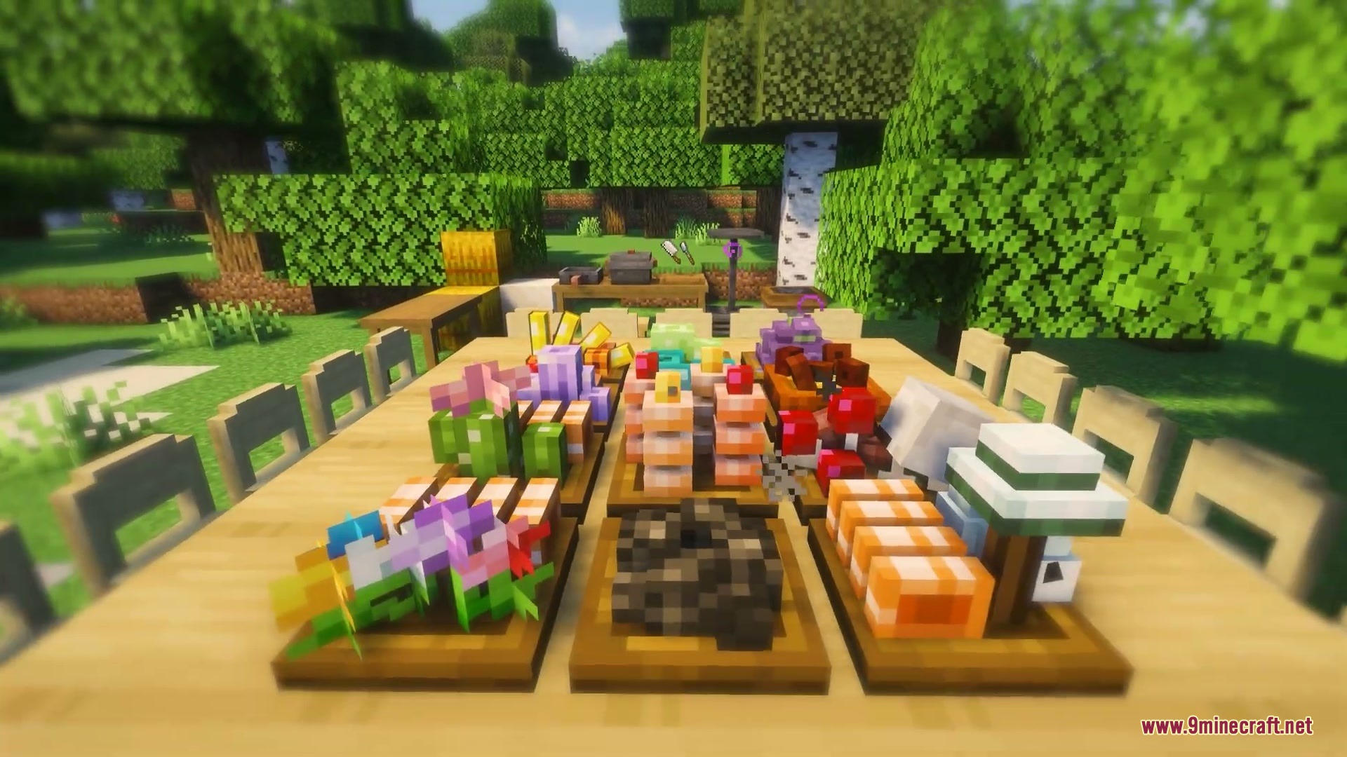 Identity Spectrum Choice Mod Screenshot 6 Various food items and dishes displayed on wooden trays in Minecraft