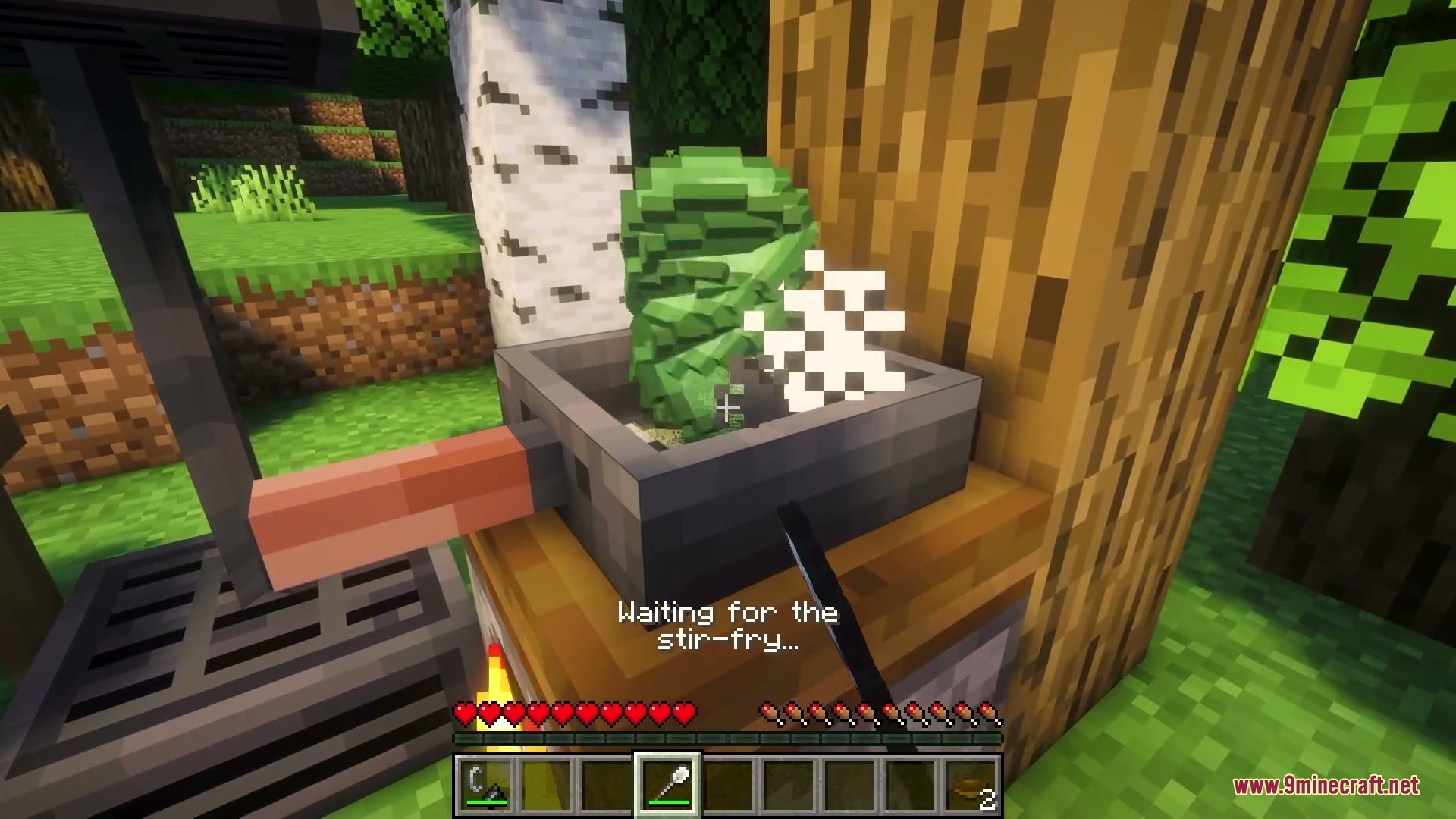 Identity Spectrum Choice Mod Screenshot 7 Minecraft player cooking a stir fry dish in a pan over a stove