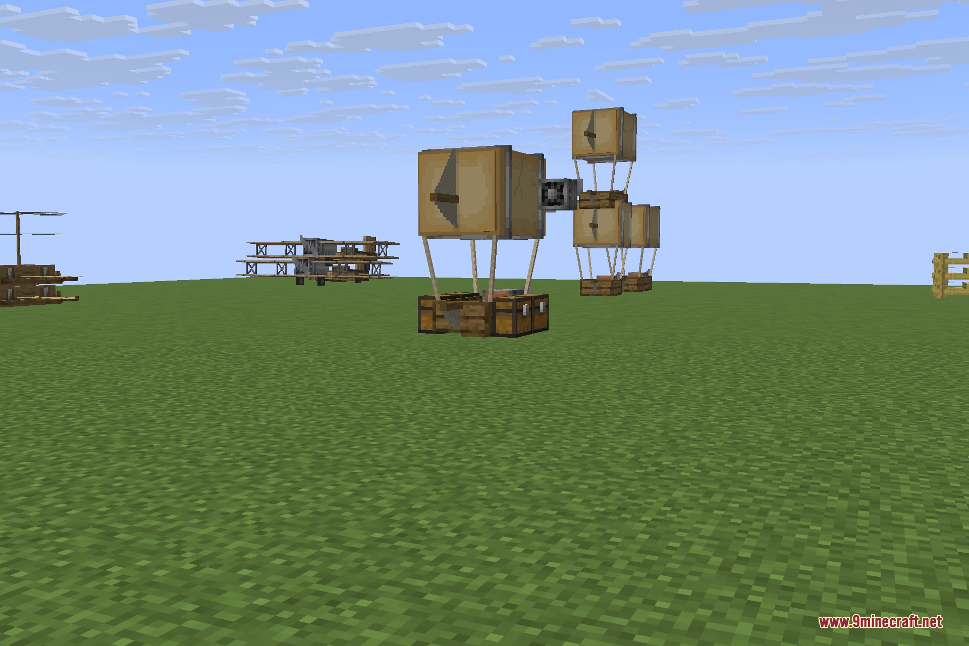 Immersive Aircraft 9minecraft Mod Screenshot 4 Two rustic airships from Immersive Aircraft floating over a flat green landscape