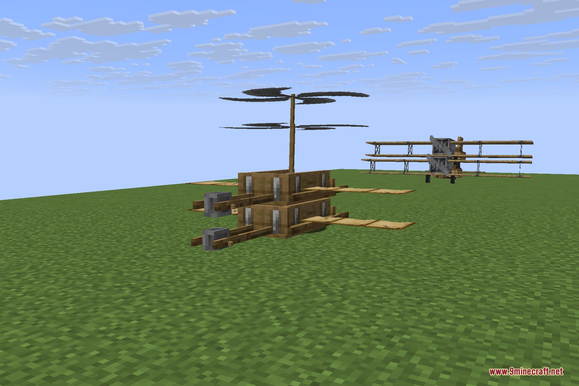 Immersive Aircraft 9minecraft Mod Screenshot 7 A wooden gyrodyne and a biplane resting on a vast green field