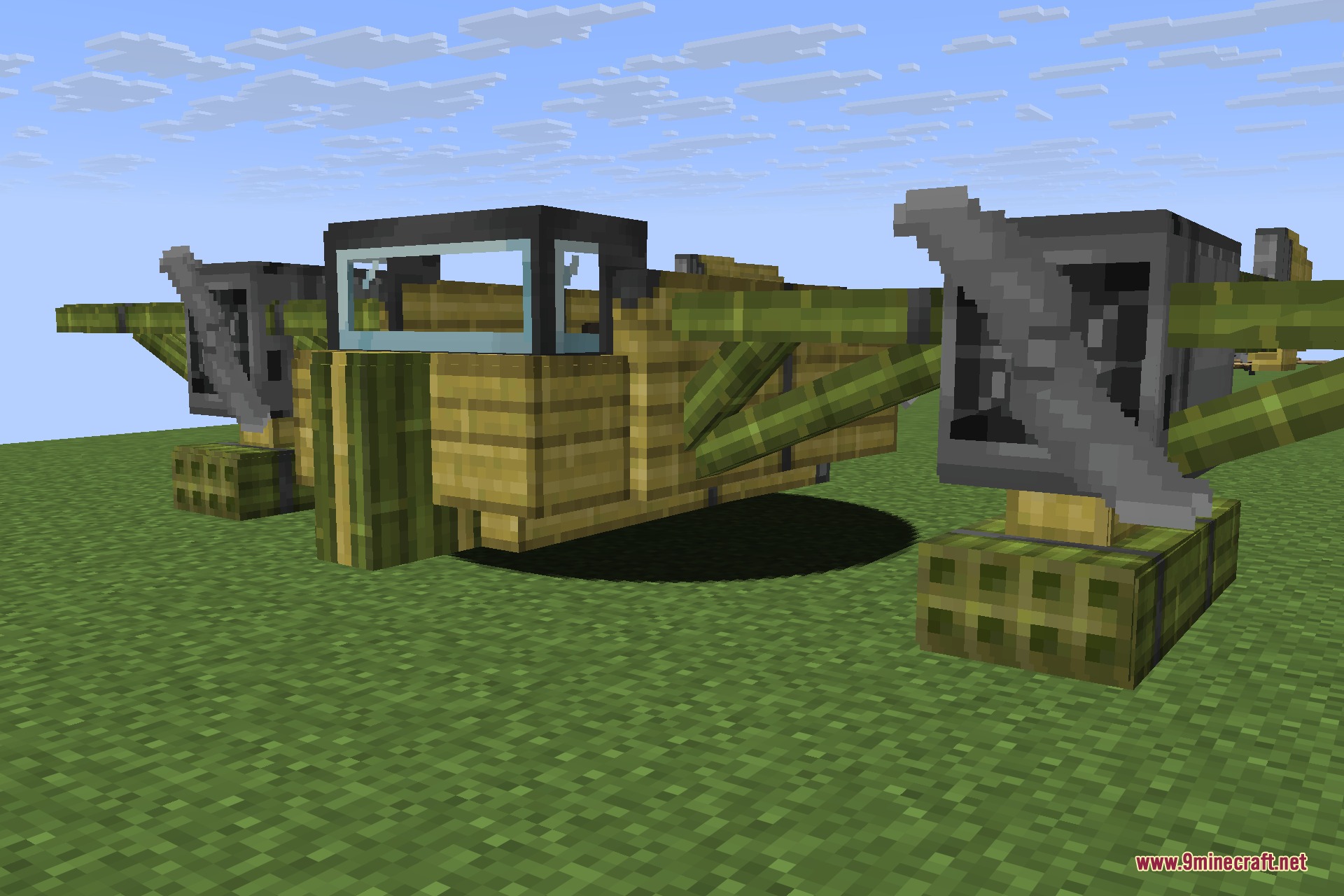 Immersive Aircraft 9minecraft Mod Screenshot 8 A bamboo hopper aircraft with propellers parked on a grassy Minecraft field