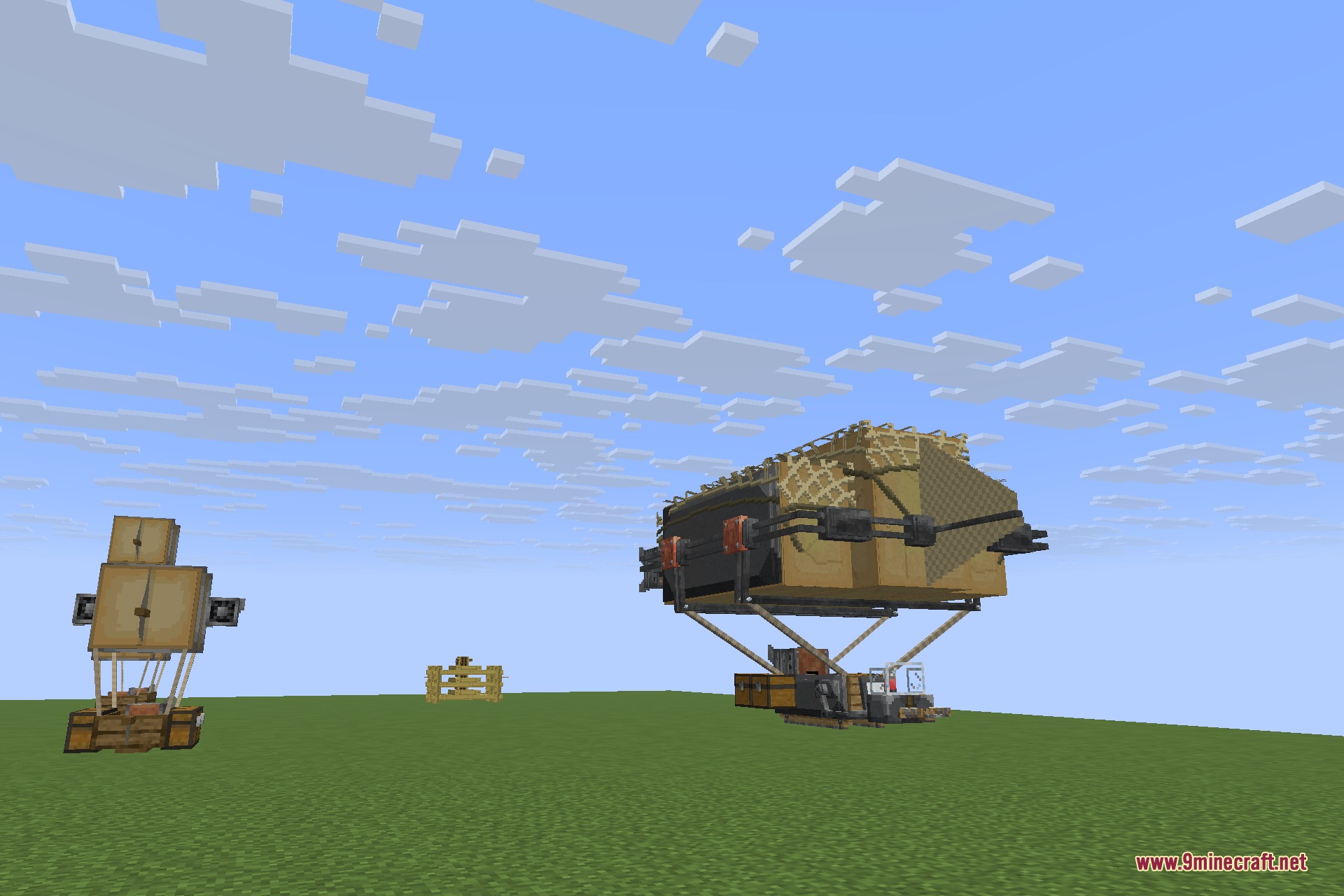 Immersive Aircraft 9minecraft Mod Screenshot 9 Two different types of rustic airships floating in a Minecraft world