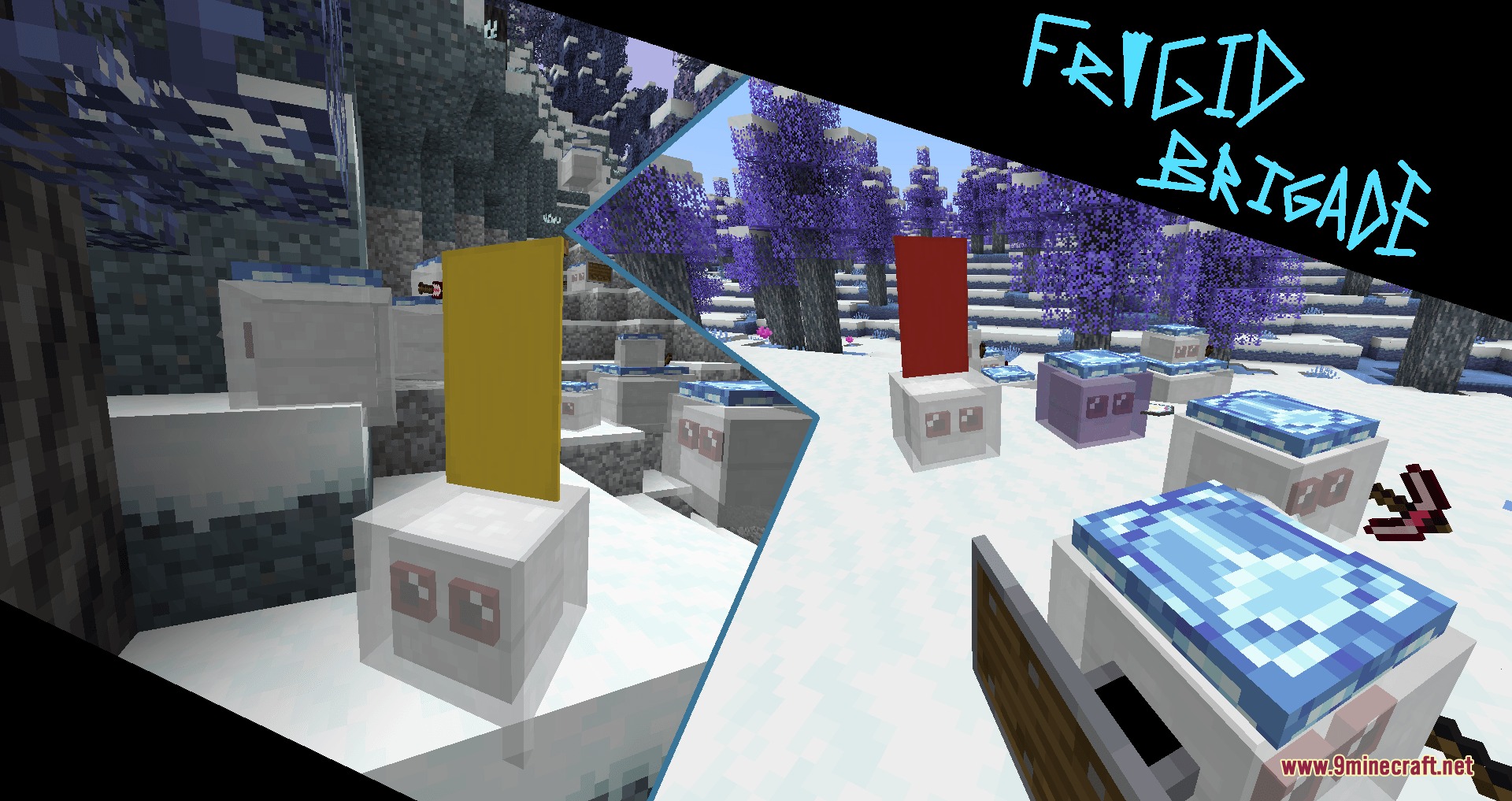 Imperial Resurgence Mod Screenshot 4 Hostile white cube mobs carrying flags in a snowy landscape with purple trees