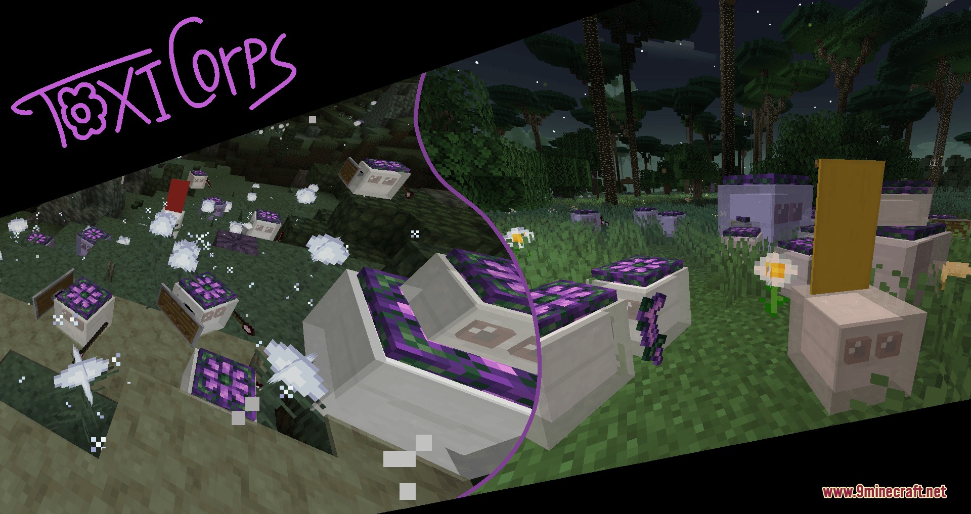 Imperial Resurgence Mod Screenshot 5 White and purple blocks and banners scattered across a dark forest at night