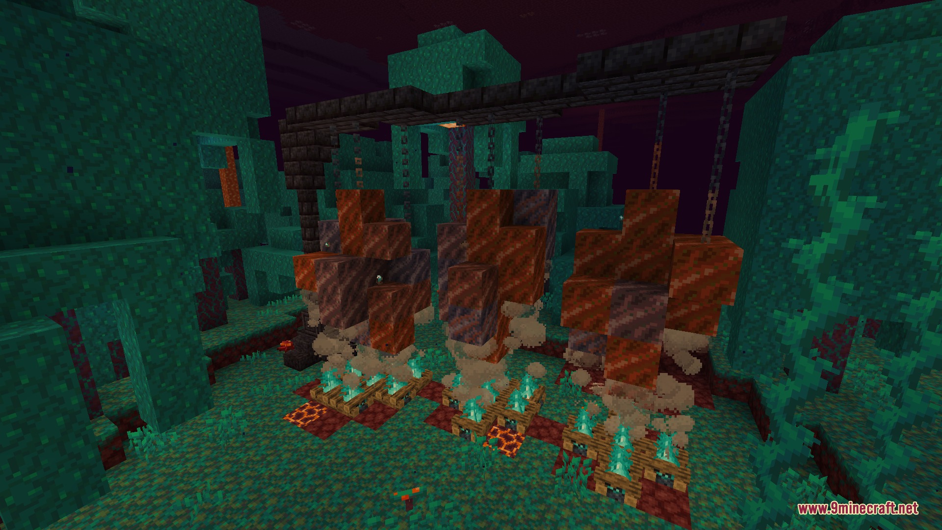 Infernal Curiosities Mod Screenshot 1 Fermenting rotten flesh blocks over soul campfires to produce leather in the Nether