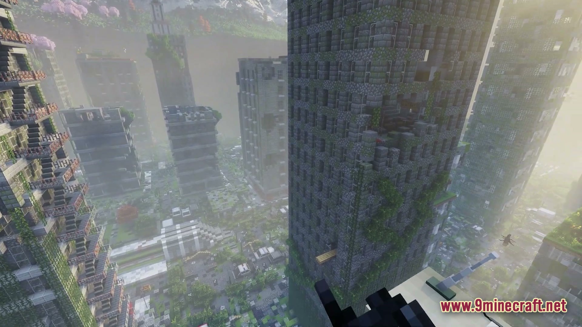 Infernal Kinetic Dread Modpack Screenshot 1 Overgrown stone skyscrapers and abandoned city streets covered in vines and fog in a post-apocalyptic landscape