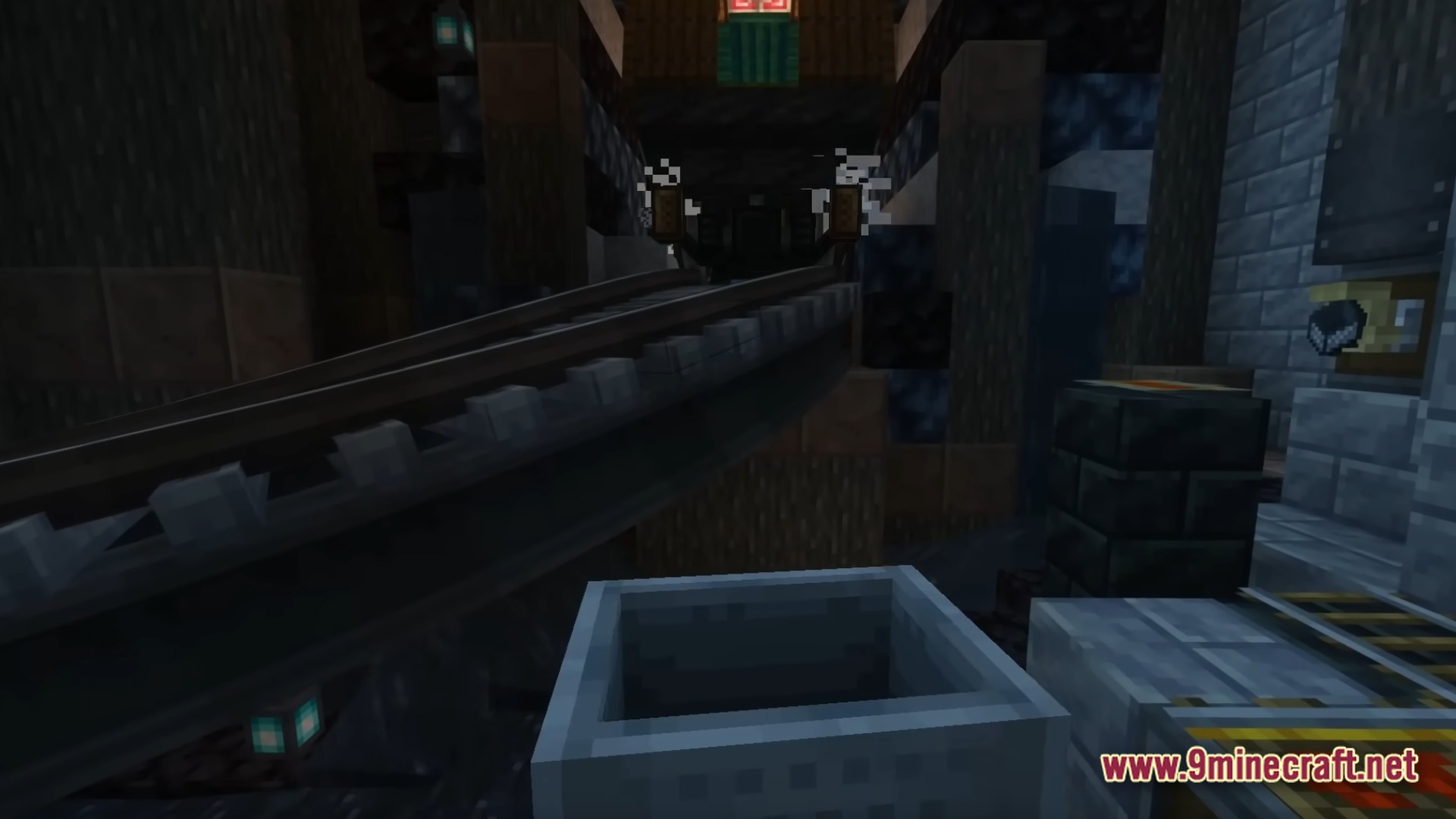 Infernal Kinetic Dread Modpack Screenshot 10 A first-person view from a minecart ascending a steep industrial track inside a dark stone structure