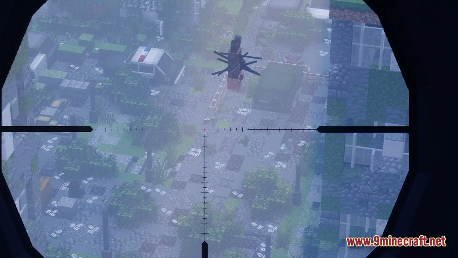 Infernal Kinetic Dread Modpack Screenshot 2 A sniper scope view overlooks a foggy, overgrown city street with abandoned vehicles and a helicopter