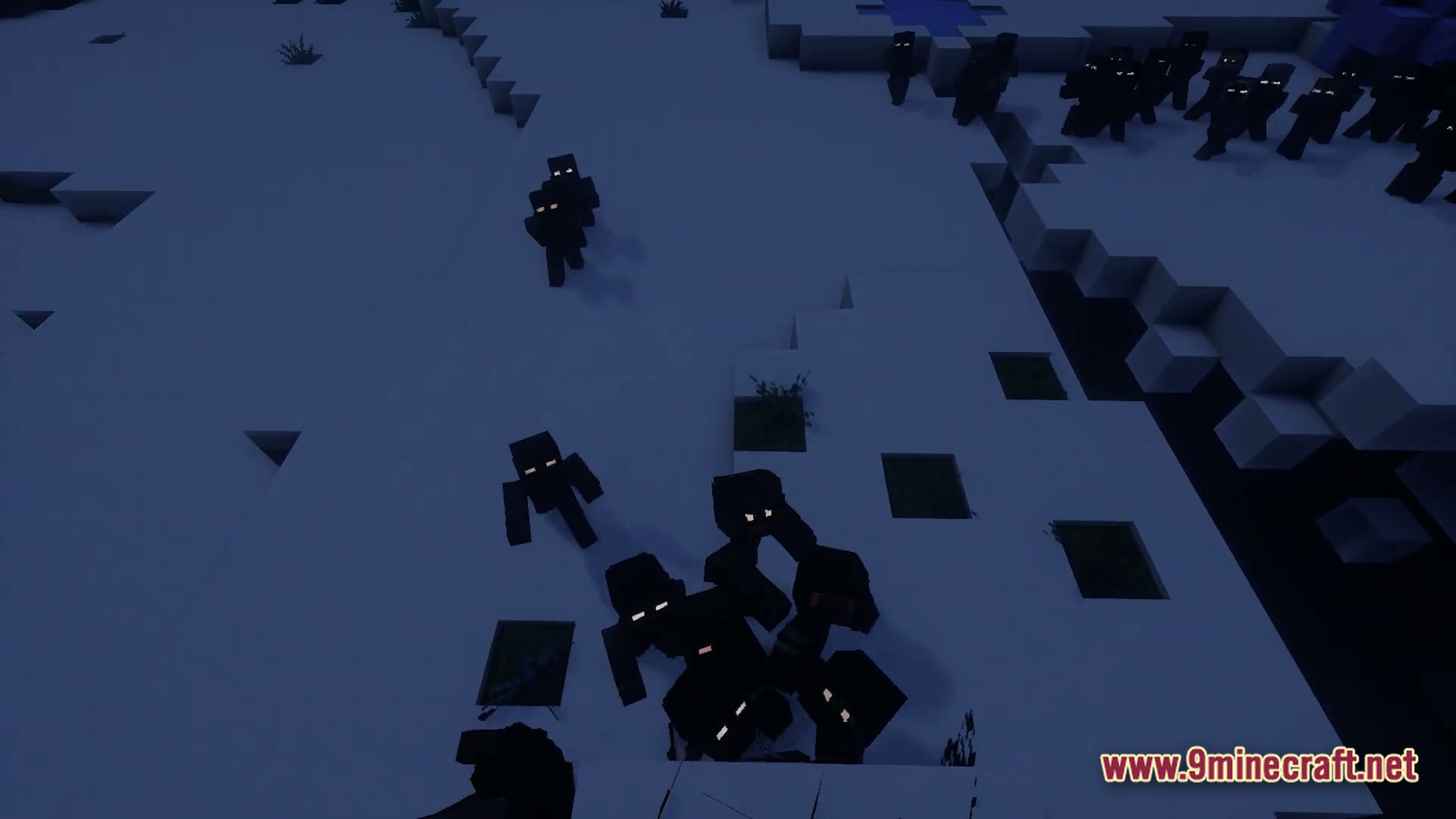 Infernal Kinetic Dread Modpack Screenshot 3 A large group of shadowy, glowing-eyed mobs congregates on a snowy landscape during the night
