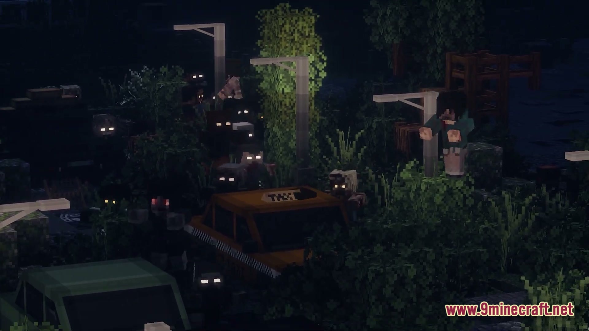 Infernal Kinetic Dread Modpack Screenshot 4 A horde of glowing-eyed zombies surrounds abandoned vehicles in an overgrown, post-apocalyptic urban environment at night