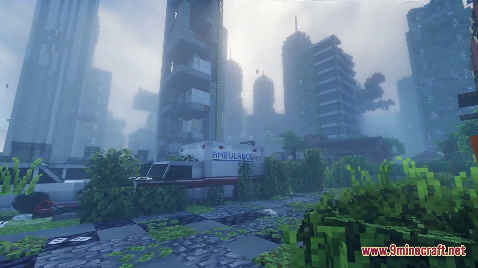 Infernal Kinetic Dread Modpack Screenshot 5 An abandoned ambulance sits on an overgrown street surrounded by ruined skyscrapers in a foggy city
