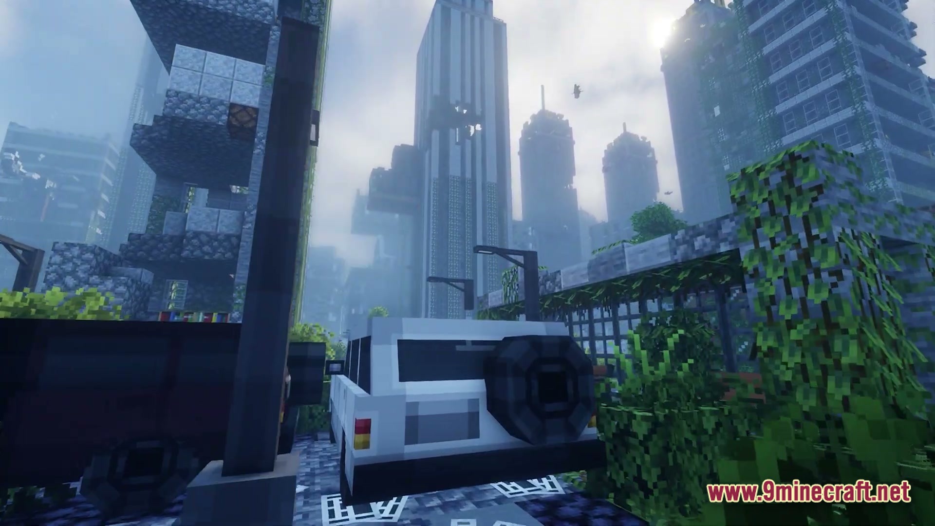 Infernal Kinetic Dread Modpack Screenshot 6 An abandoned white vehicle sits on a street surrounded by overgrown skyscrapers in a ruined city