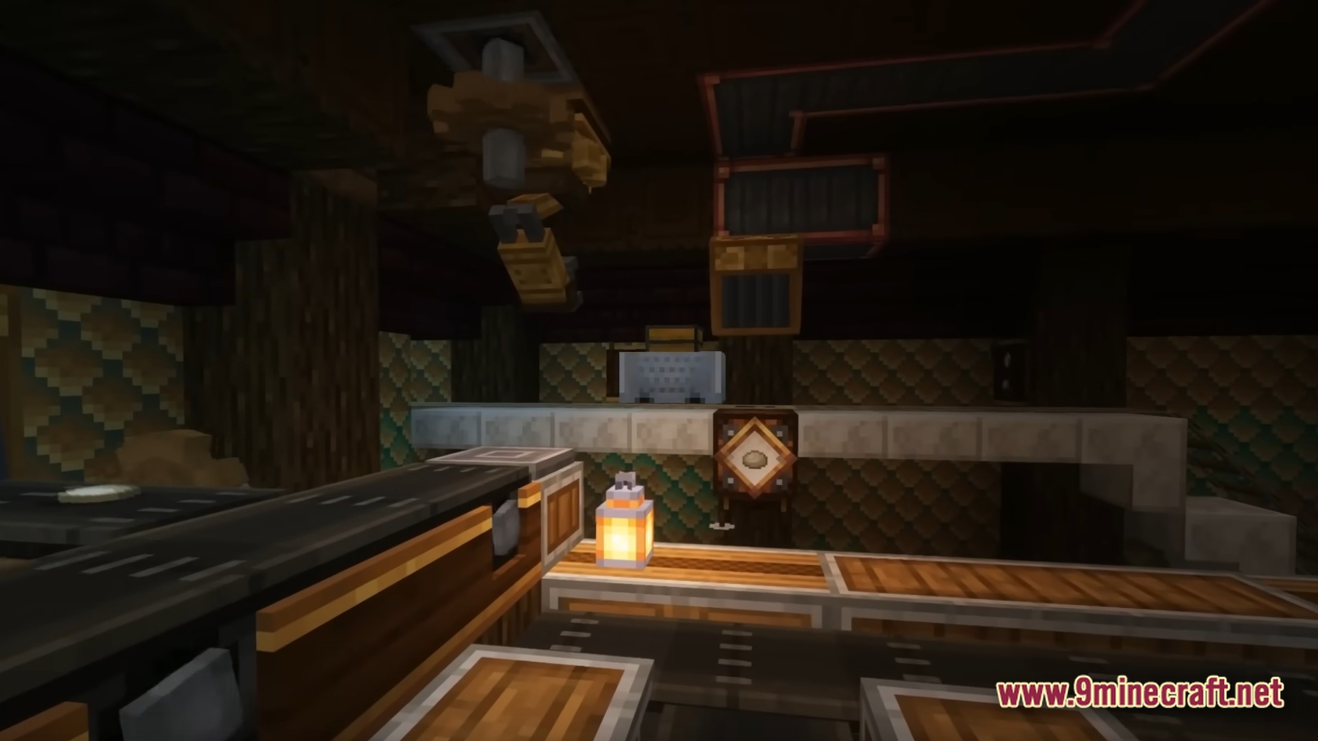 Infernal Kinetic Dread Modpack Screenshot 7 An industrial interior featuring mechanical arms, conveyor belts, and brass machinery from the Create mod