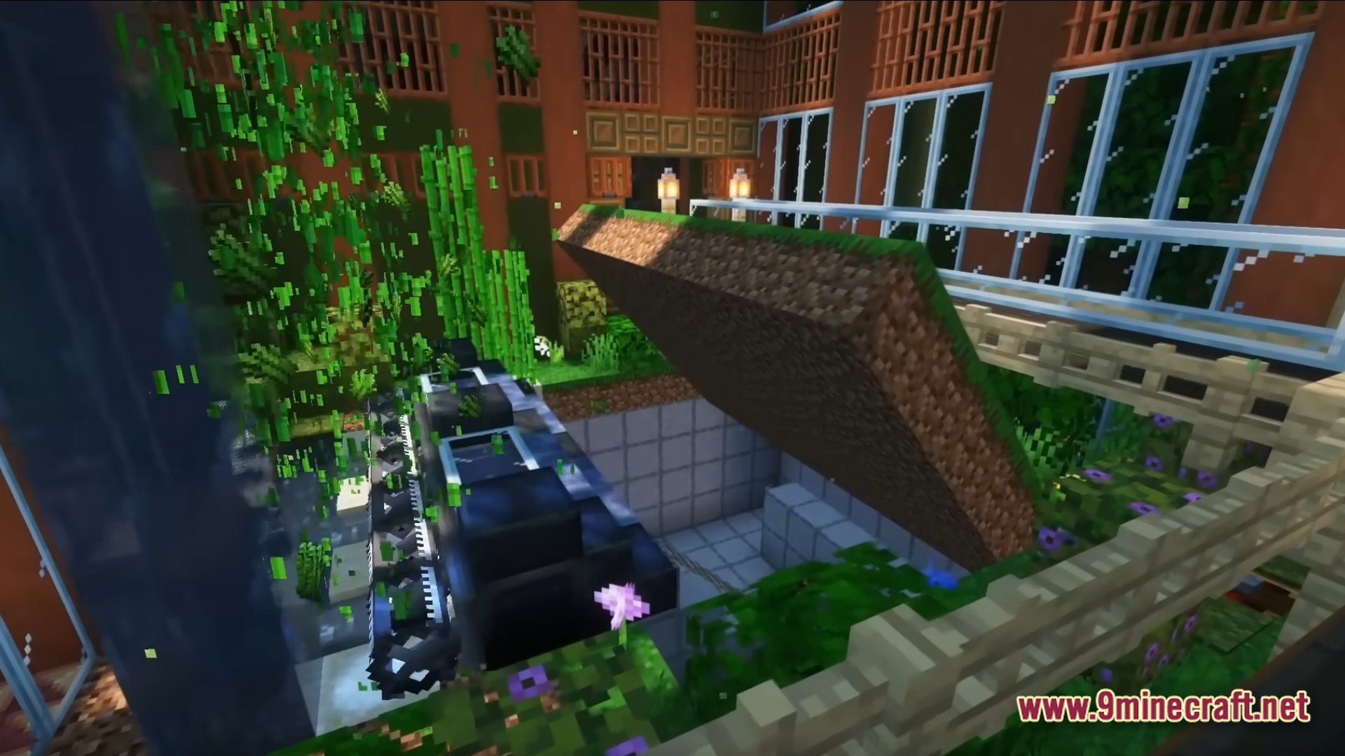 Infernal Kinetic Dread Modpack Screenshot 8 A mechanical grass hatch opening to reveal a hidden underground facility with industrial machinery