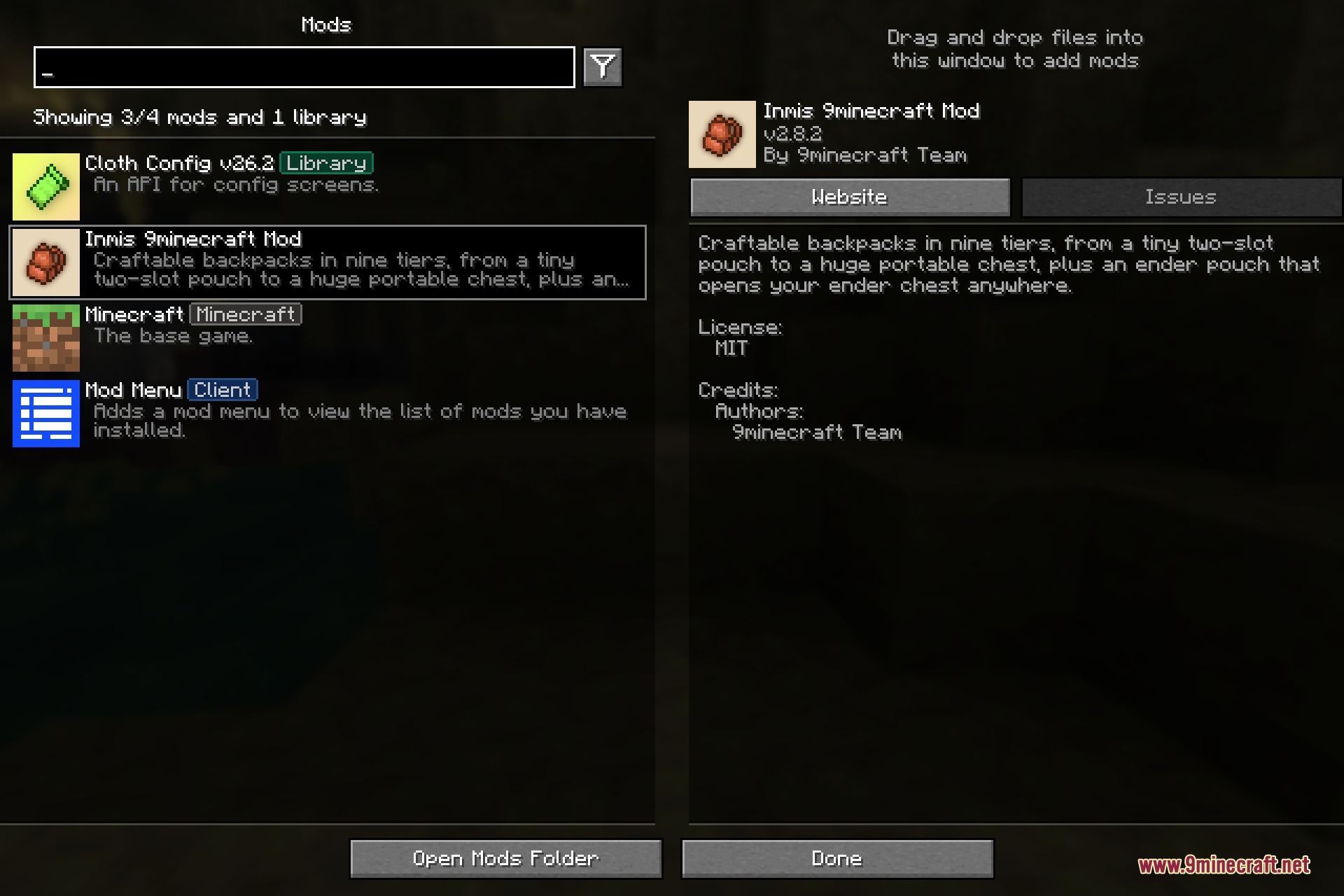 The mod menu interface showing details for the Inmis craftable backpacks mod