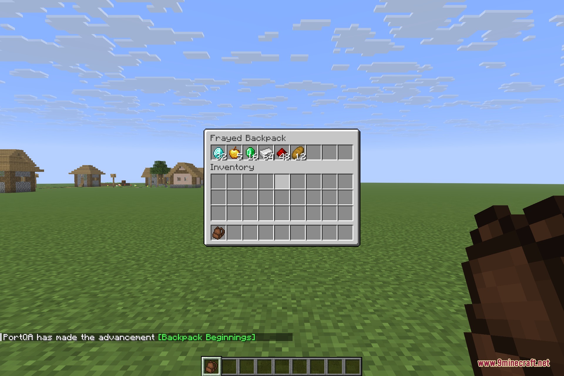 Player viewing the small storage space inside a Frayed Backpack in Minecraft