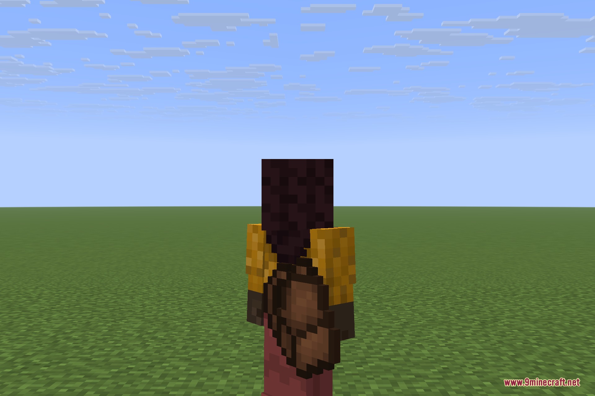 A Minecraft character wearing a brown backpack from the Inmis mod on back