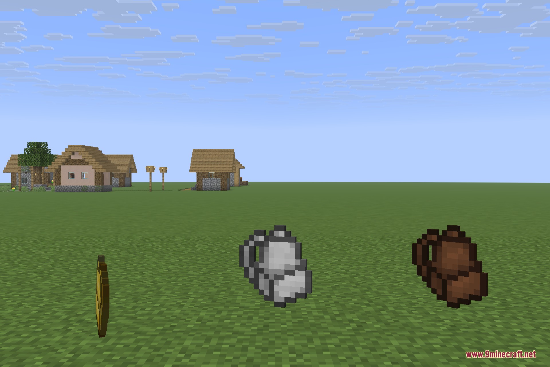 Three different backpacks floating in a flat Minecraft world near a village