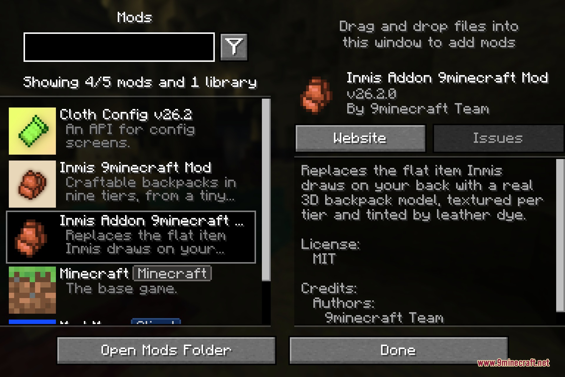 A Minecraft mod menu screen showing details for the Inmis Addon backpack mod