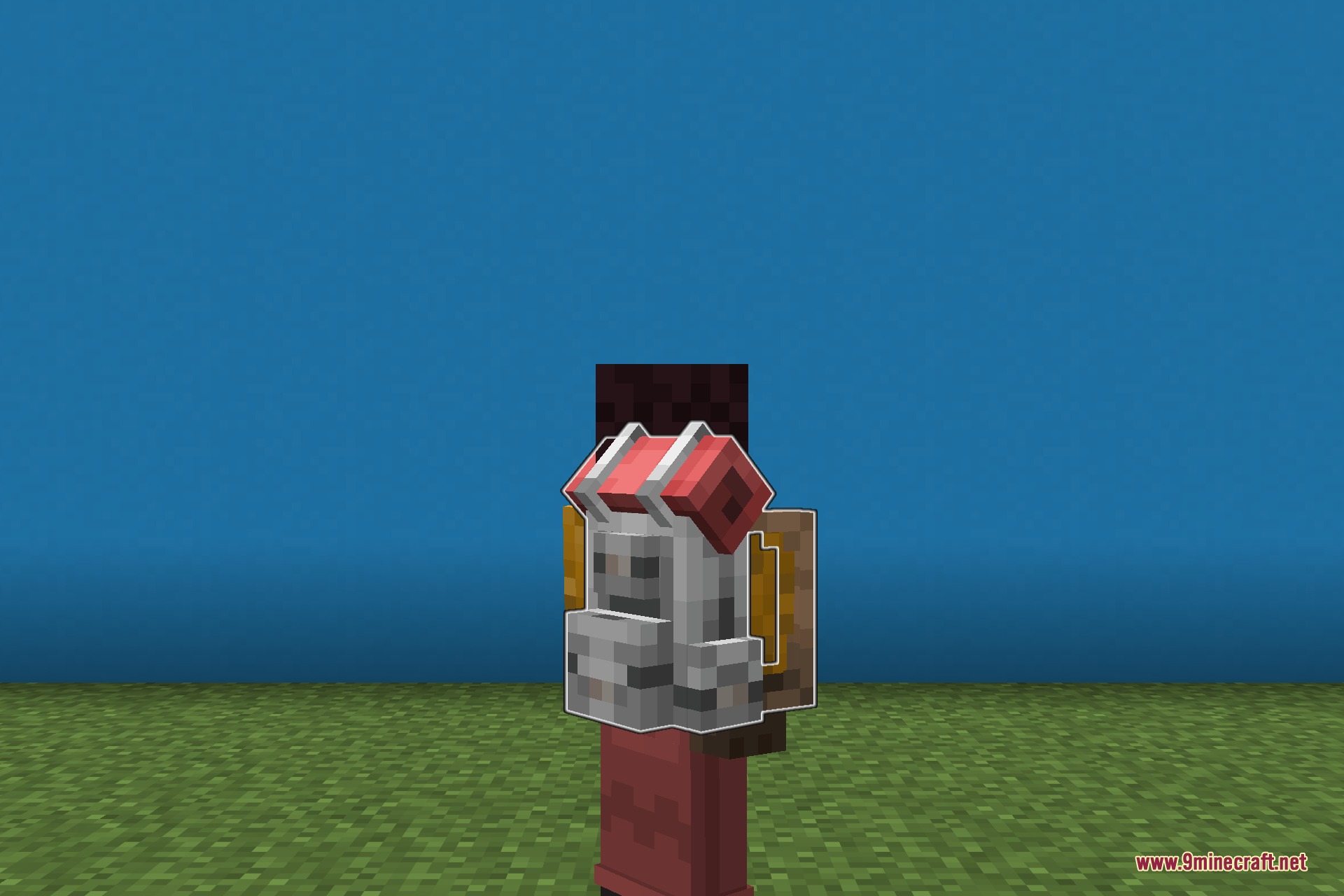 A player character wearing a detailed three dimensional backpack model in a field