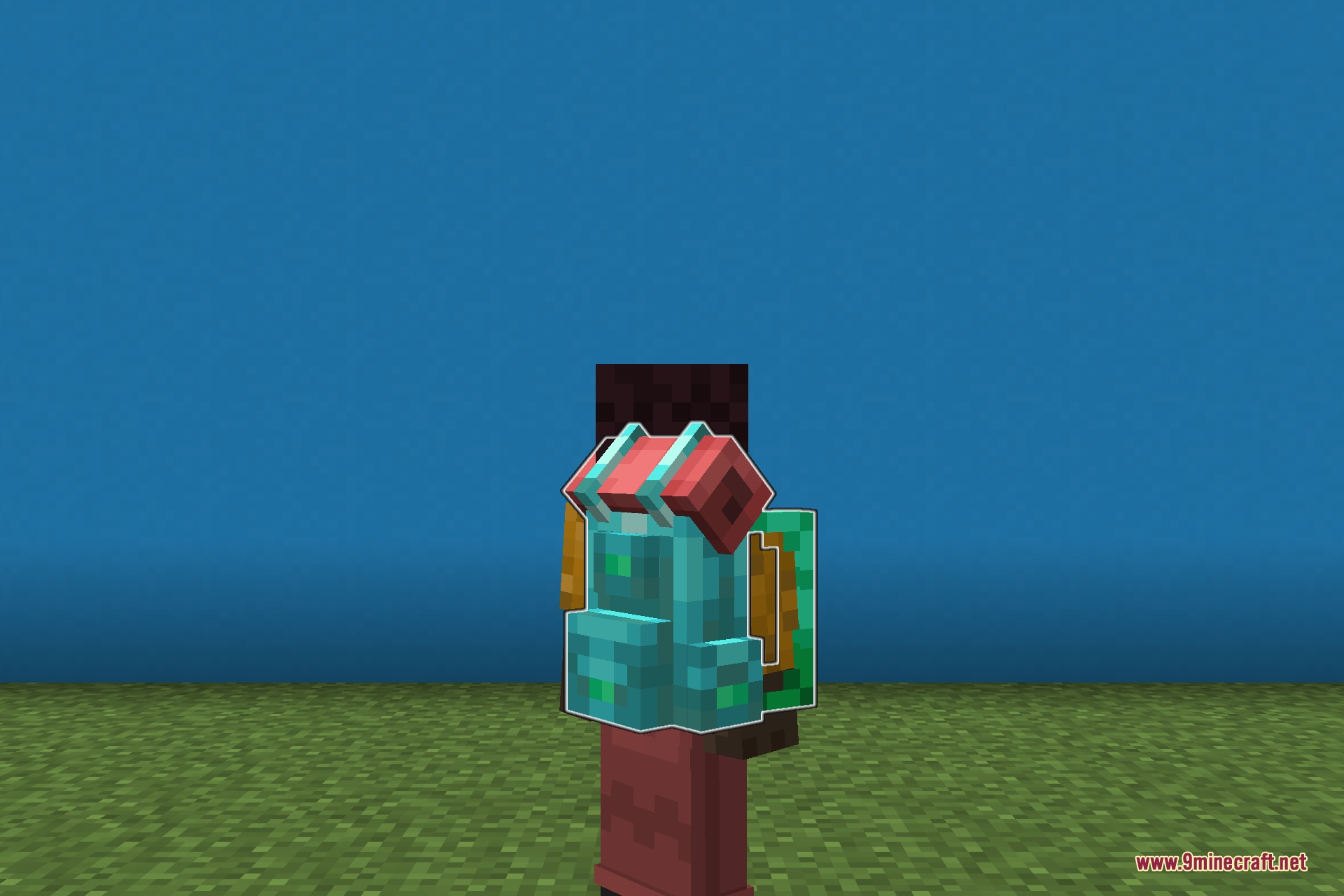 A teal three dimensional backpack model equipped on a Minecraft character