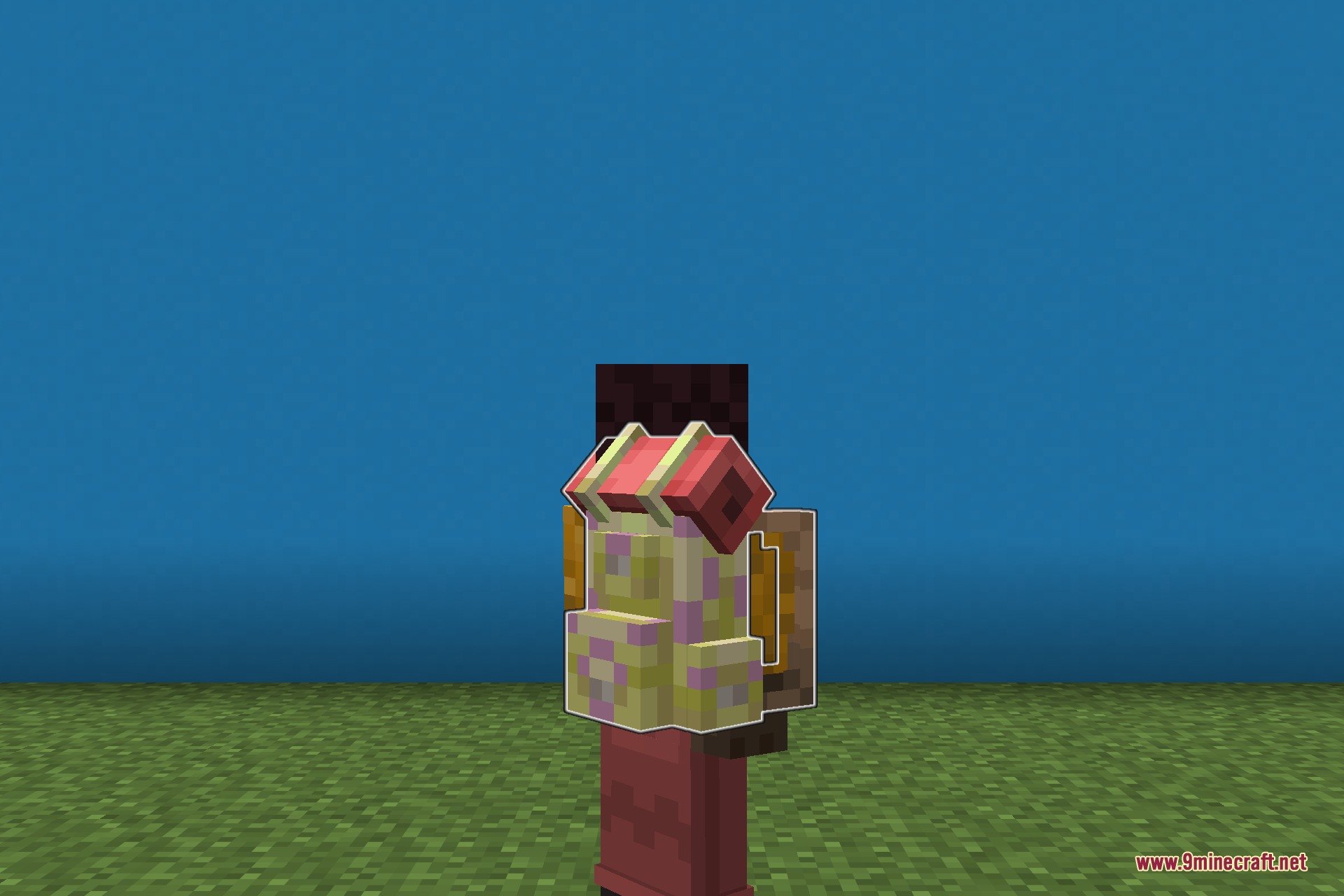 A yellow three dimensional backpack model equipped on a Minecraft character