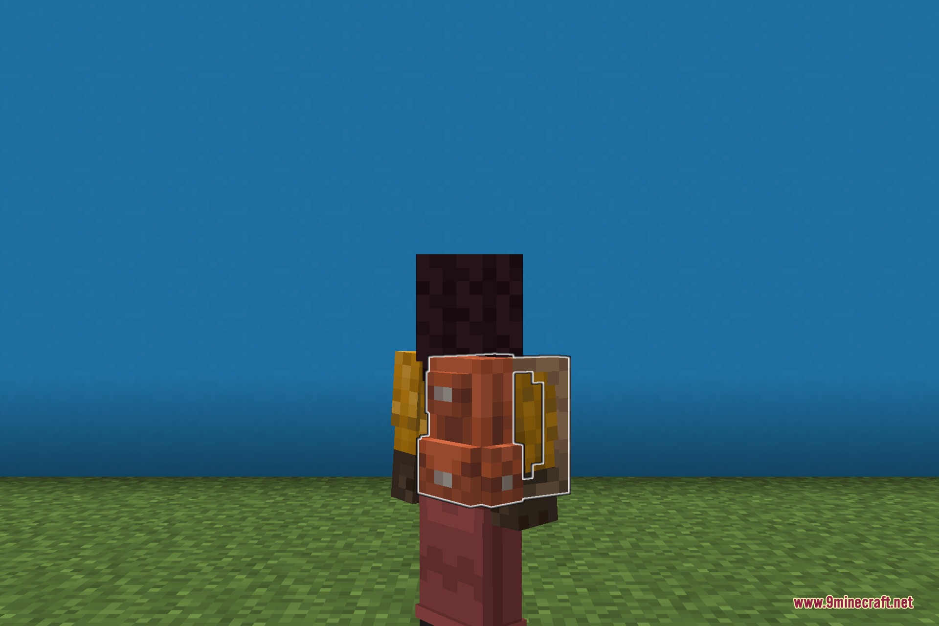 A player character wearing a detailed three dimensional brown backpack from behind
