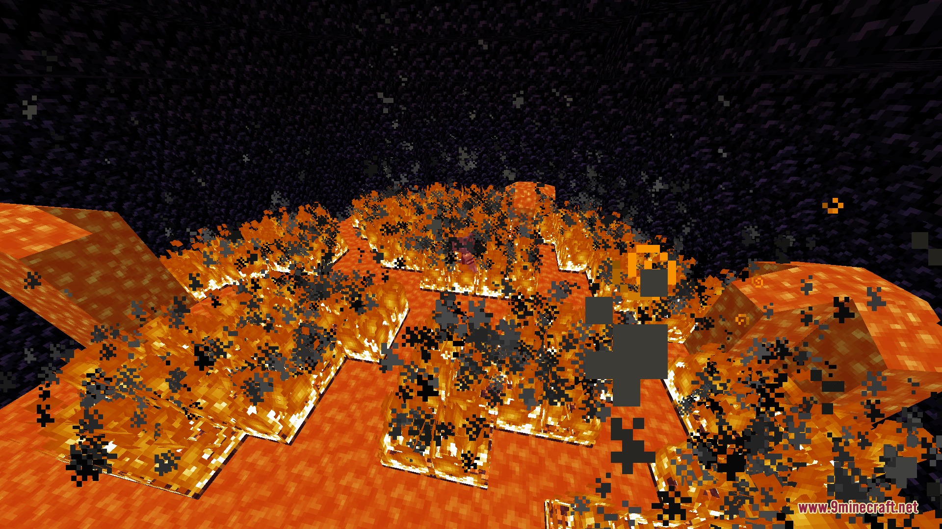Innate Progression Mod Screenshot 1 A massive field of fire and lava burning on dark obsidian blocks