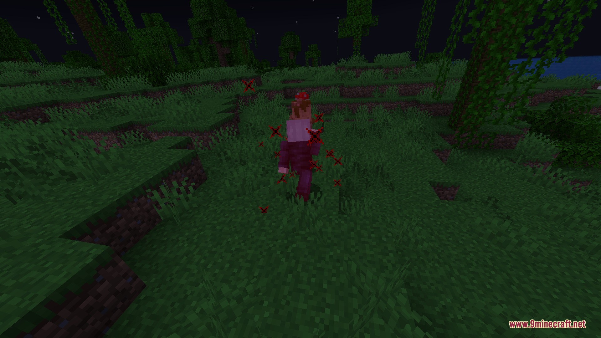 Innate Progression Mod Screenshot 2 Player character walking through a jungle surrounded by red cursed energy effects