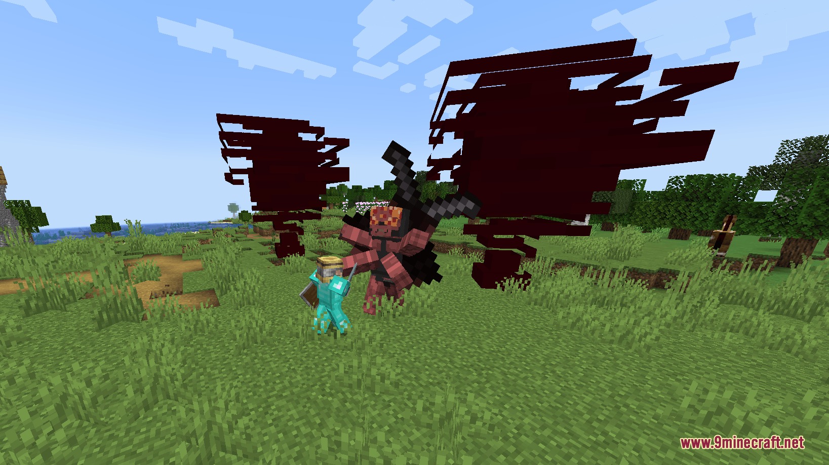 Innate Progression Mod Screenshot 6 Player in diamond armor fighting a massive red multi armed cursed spirit